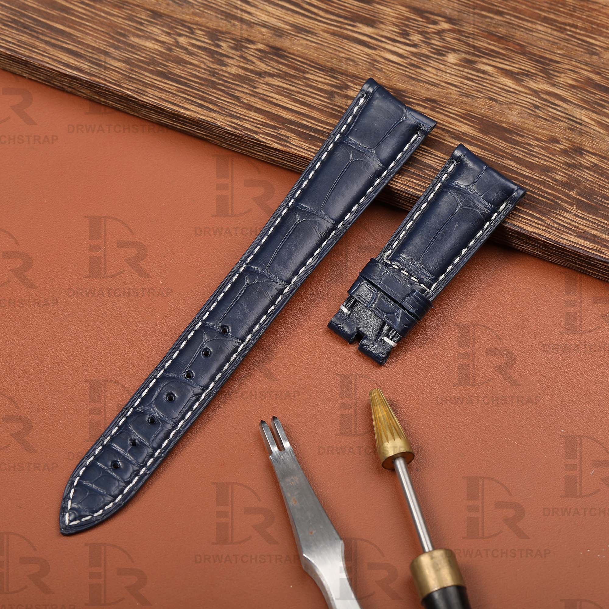 Custom alligator Blue leather strap curved end for Rolex Cellini Moonphase 20mm (2)