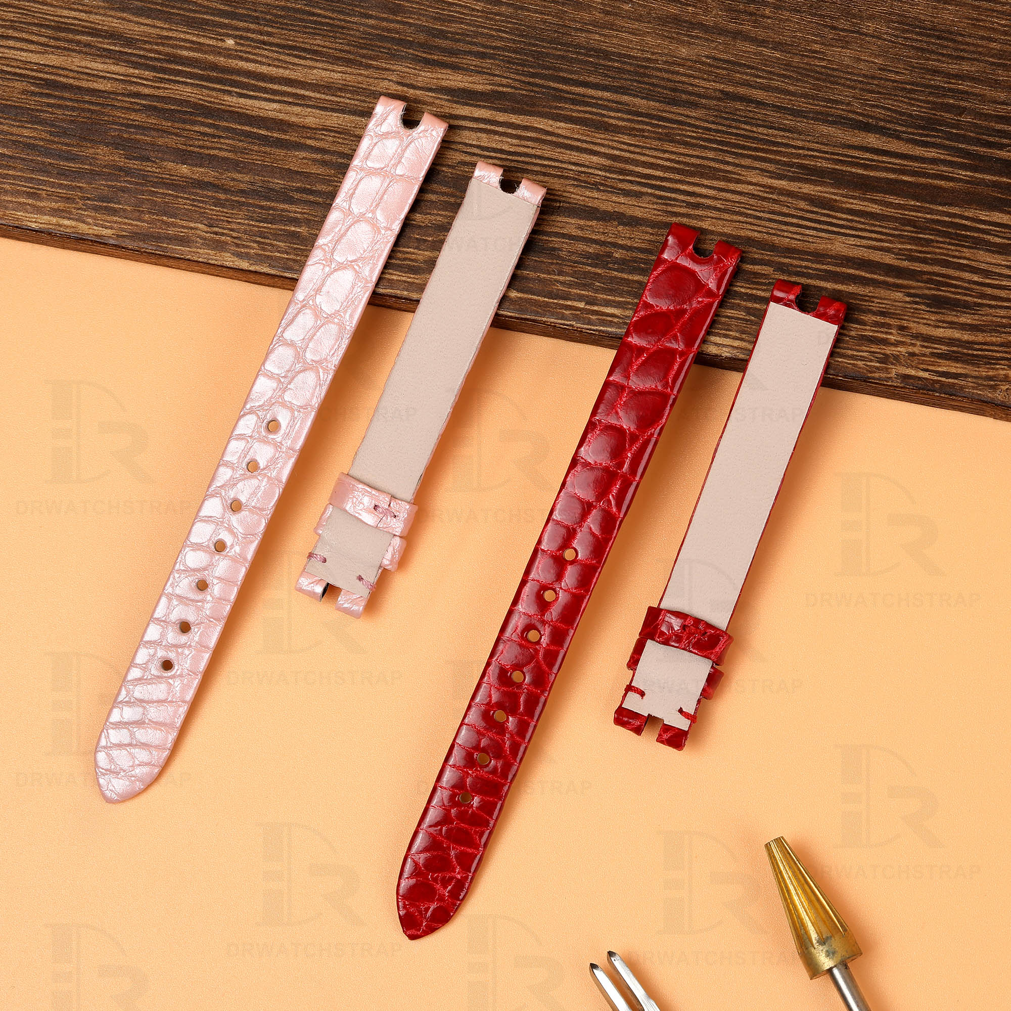 Custom genuine alligator round-scale red pink leather watch strap & watch band replacement
