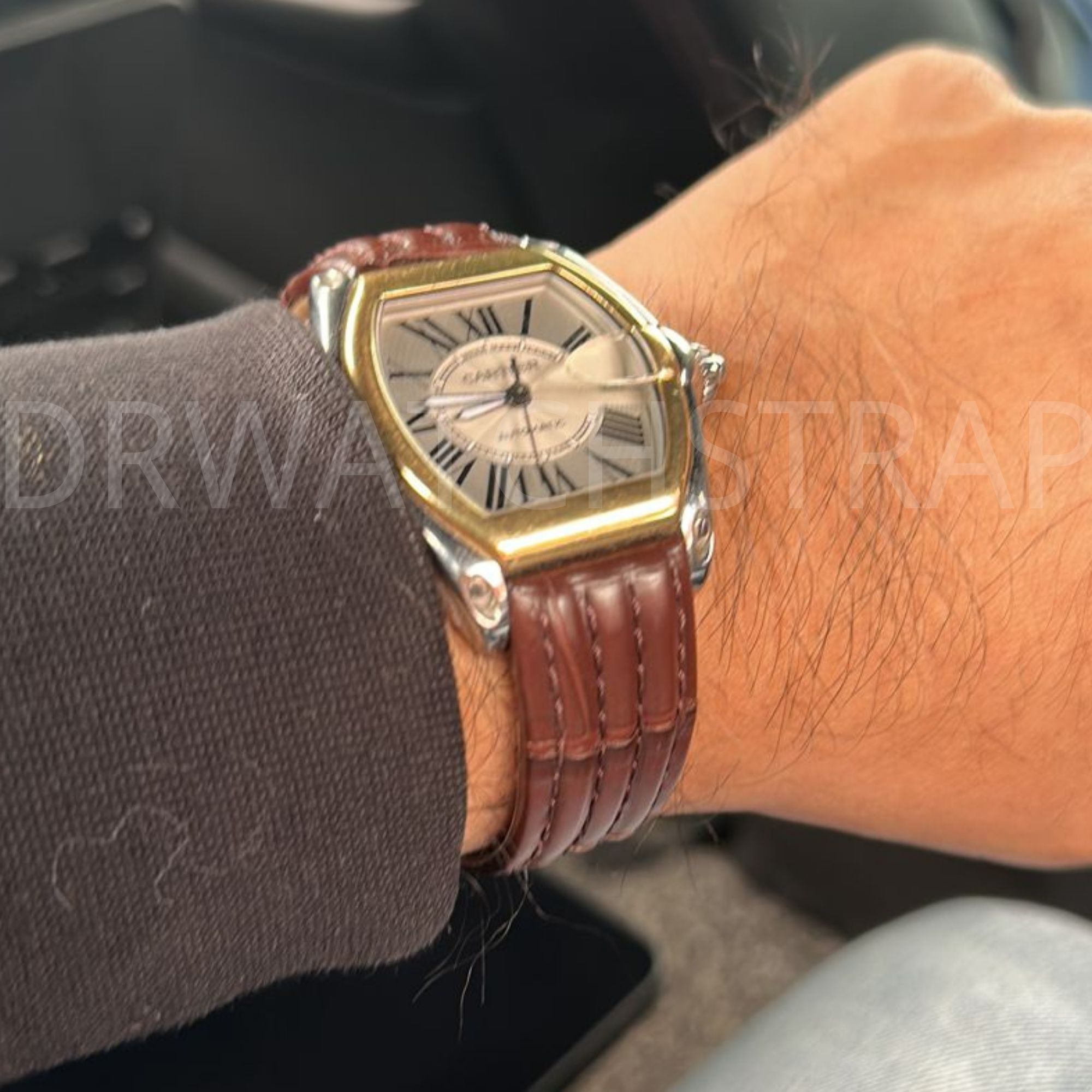 Cartier Roadster on wrist with custom brown alligator leather watch strap