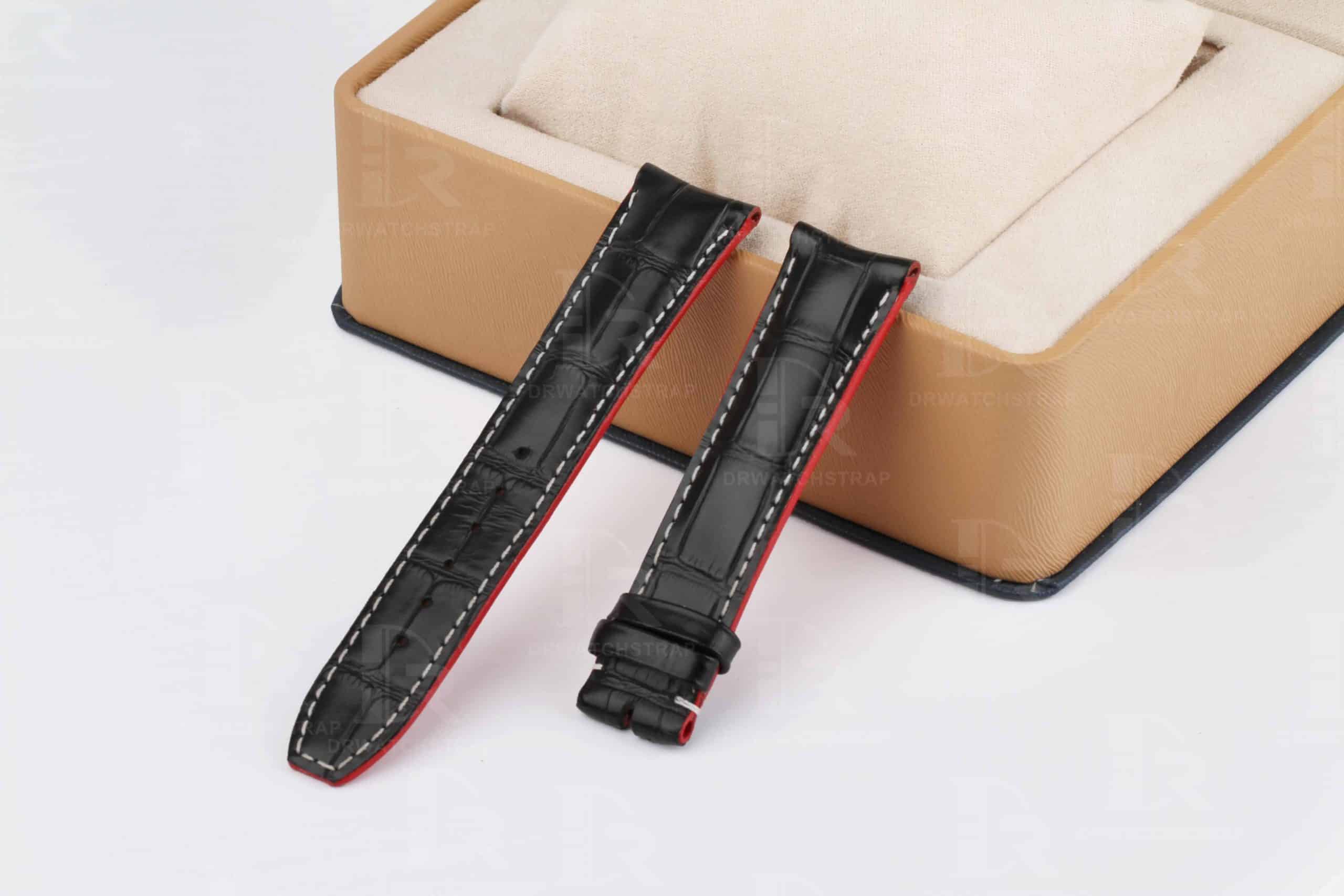 Curved end custom handmade black watchbands for Baume & Mercier strap with red oil edge