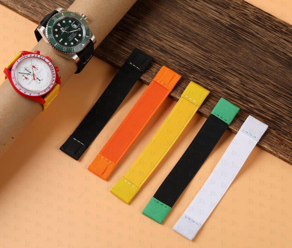 Custom handmade 20mm 21mm Elastic aftermarket yellow orange brown black white Omega watch band & watch straps replacement for Swatch Omega Speedmaster watch strap and buy best Omega Speedmaster straps online from DR watchstrap at a low price