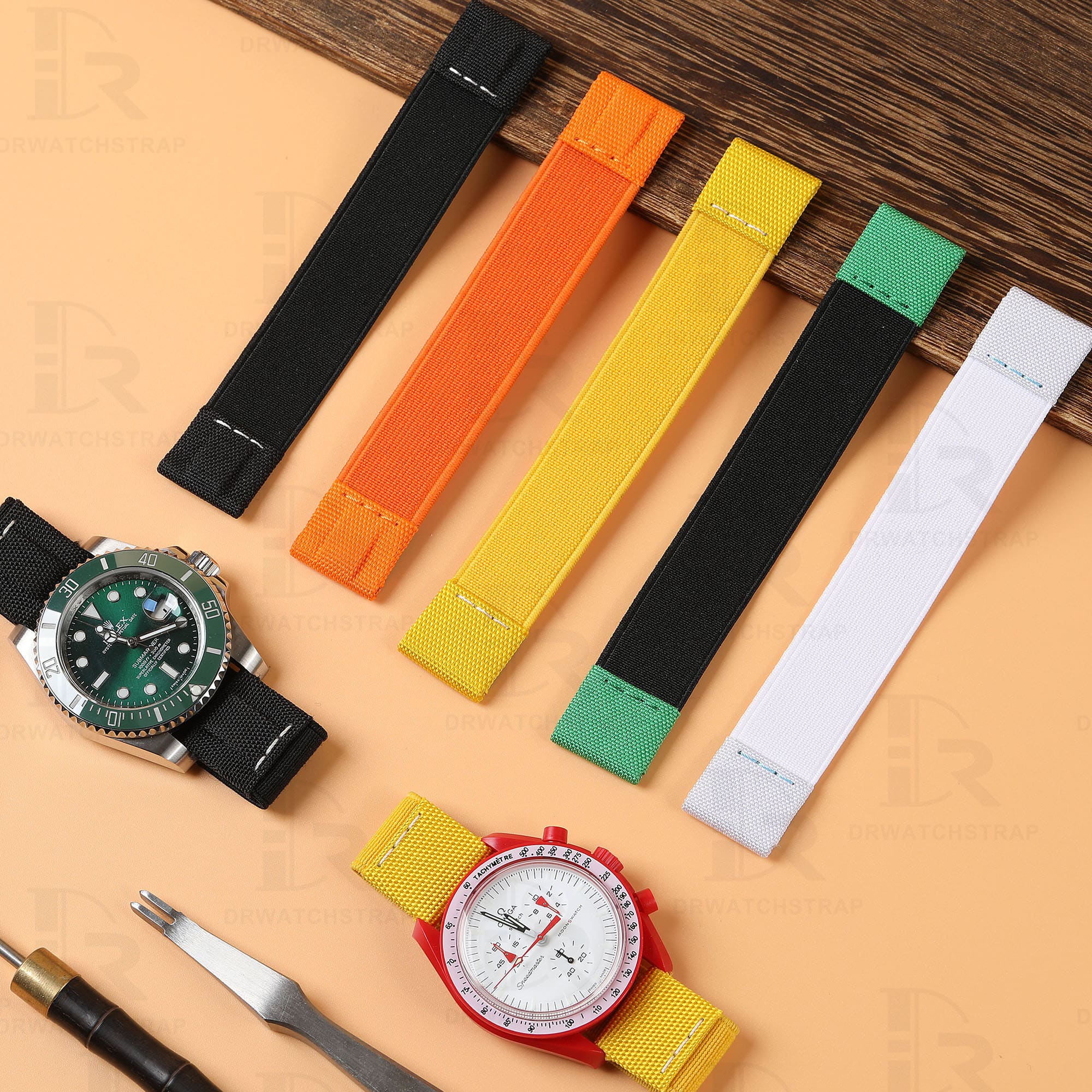 Custom handmade 20mm 21mm Elastic aftermarket yellow orange brown black white Omega watch band & watch strap replacement for Swatch Omega Speedmaster watch strap and buy best Omega Speedmaster straps online from DR watchstrap at a low price