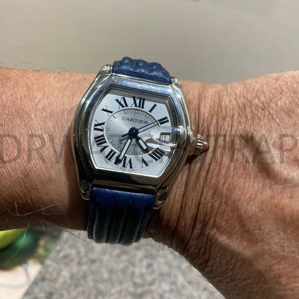 Custom blue leather watch strap for Cartier Roadster