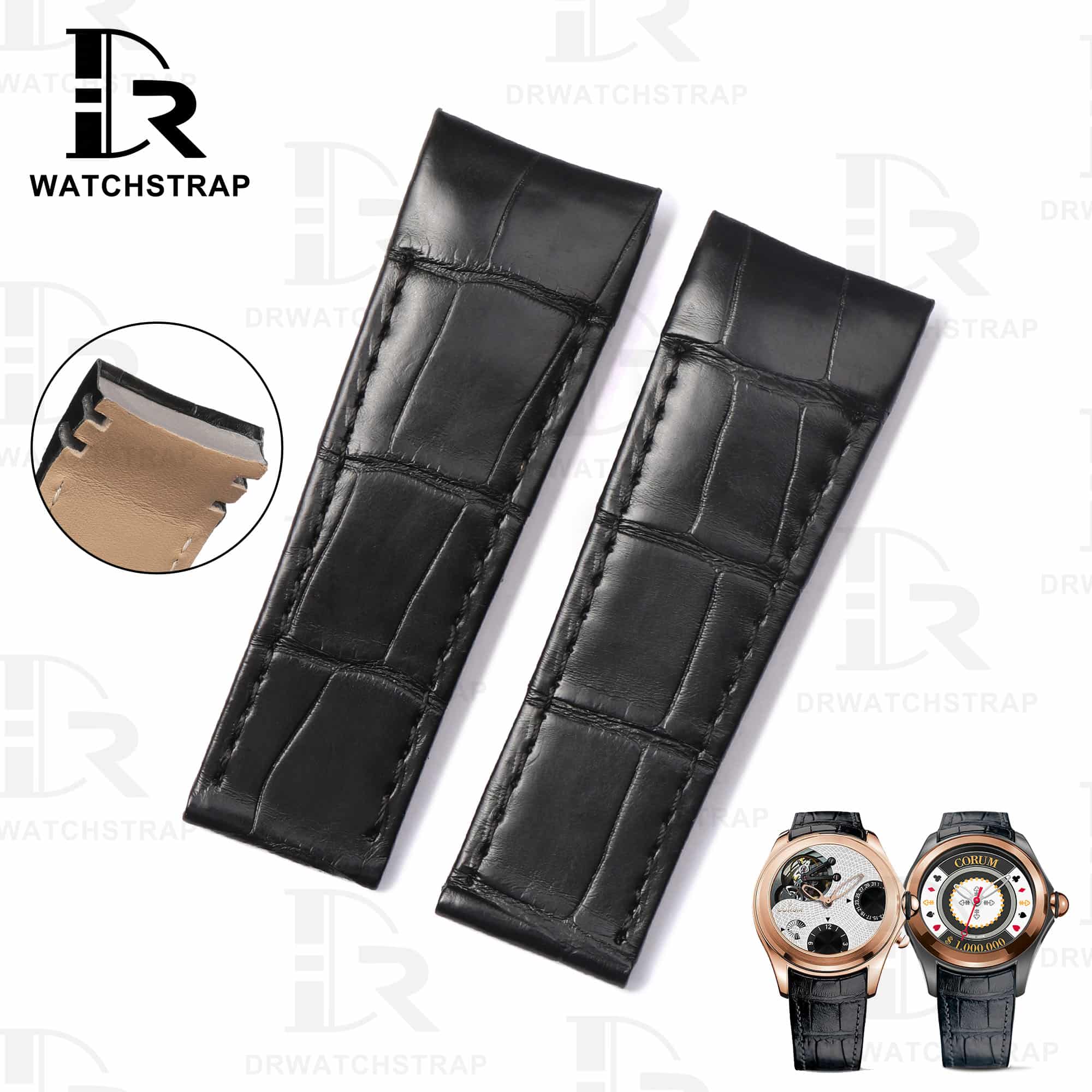 Buy Curved end custom black alligator leather watch strap for Corum Bubble Casino watch band for sale (1)