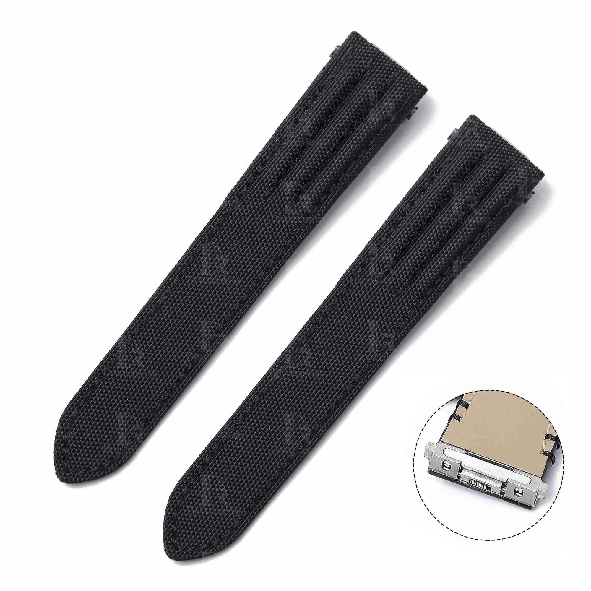 Quickswitch 19mm 20mm Custom OEM best quality replacement black canvas nylon kevlar Cartier de Santos strap and watch band with grooves for Cartier Santos Medium Large men's and ladies watches - Shop the quick release aftermarket watch straps and watchbands for sale at a low price