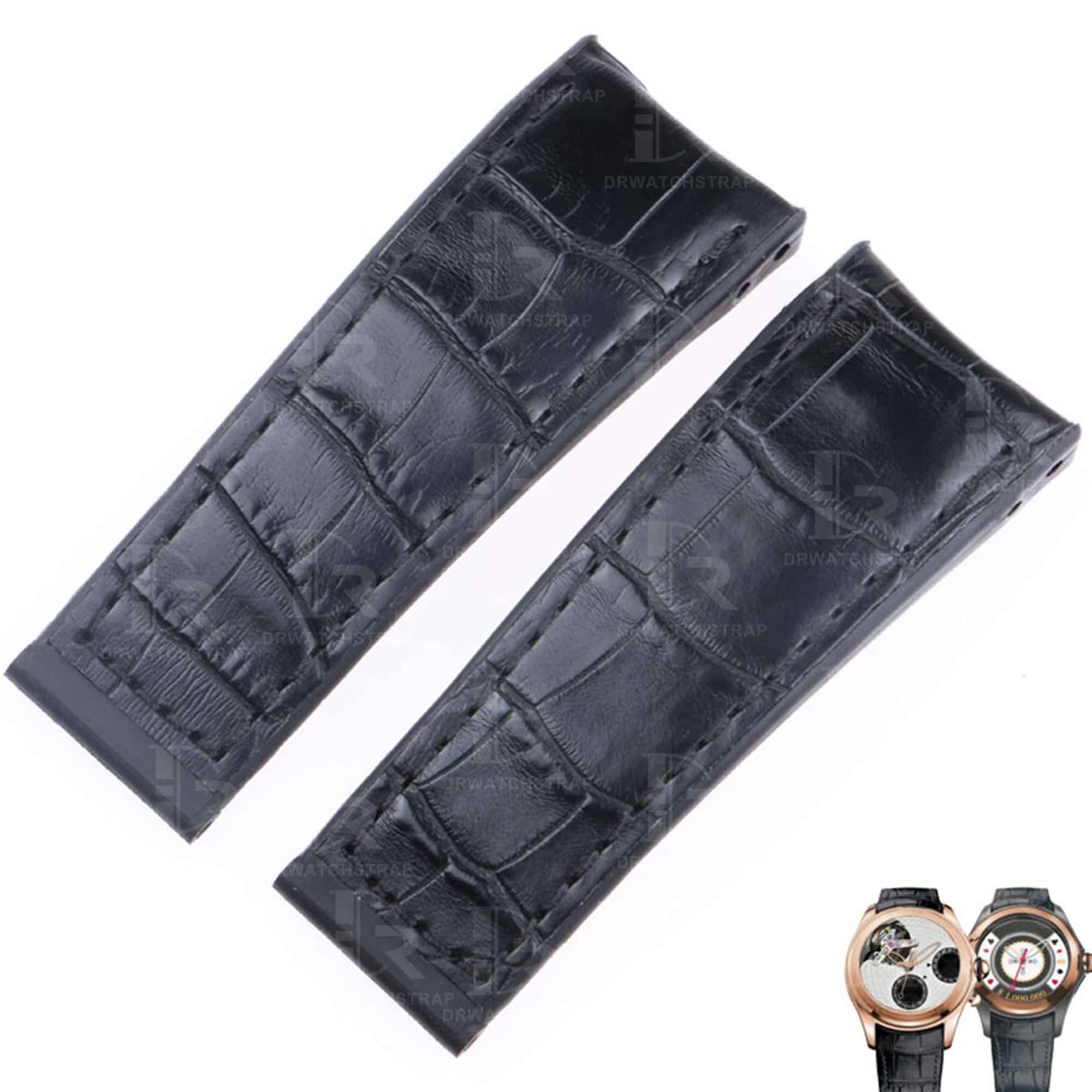 Curved-end custom black alligator leather watch bands for Corum Bubble Casino straps for sale