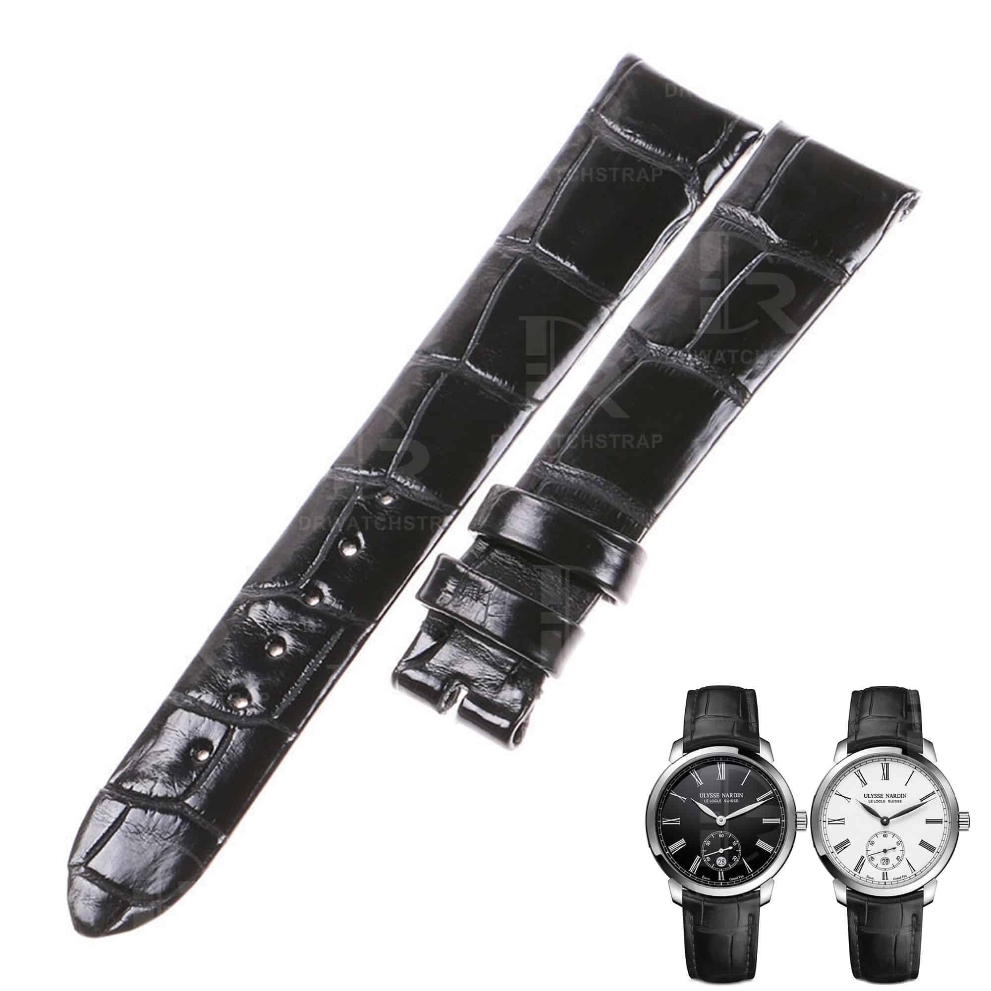 Custom Belly-Scale black alligator leather watchband for Ulysse Nardin straps