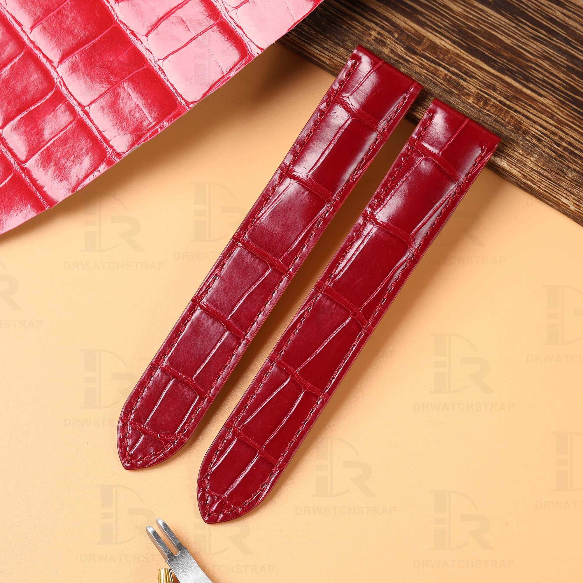 Custom Red Alligator leather watch strap for Cartier Tank Solo Ronde Cle de Cartier band small large XL 16mm 18mm 20mm 23mm