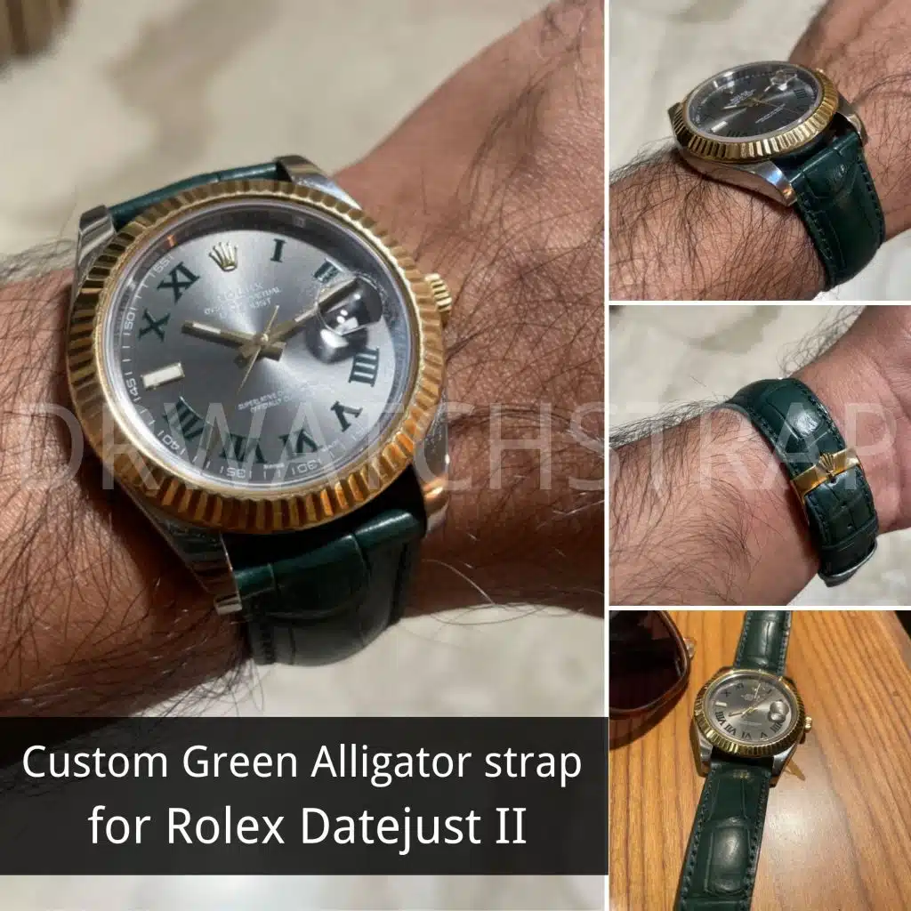 Custom green alligator leather watch band strap for Rolex Datejust II