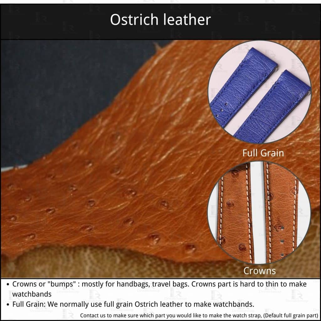 Different types of Ostrich: Ostrich leather material watch band strap crowns vs full grain instruction