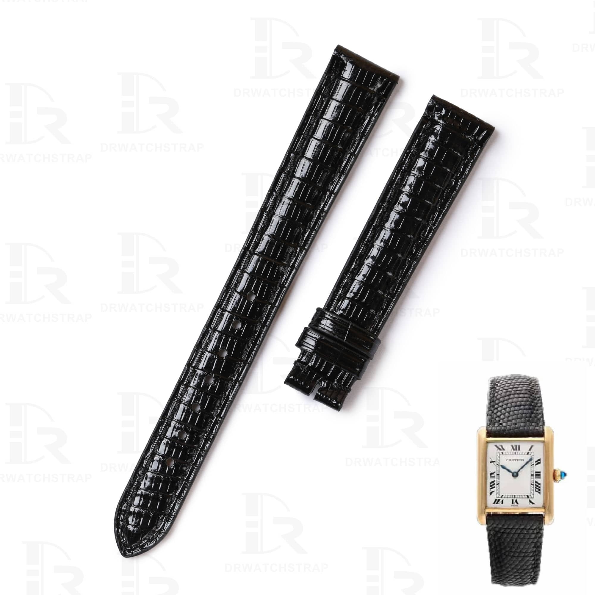 Best high-end quality Lizard black replacement Cartier Tank leather strap and watch band fit for Cartier Tank (American tank, France tank, Must, and so on) with pin buckle watchbands online for sale at a low price