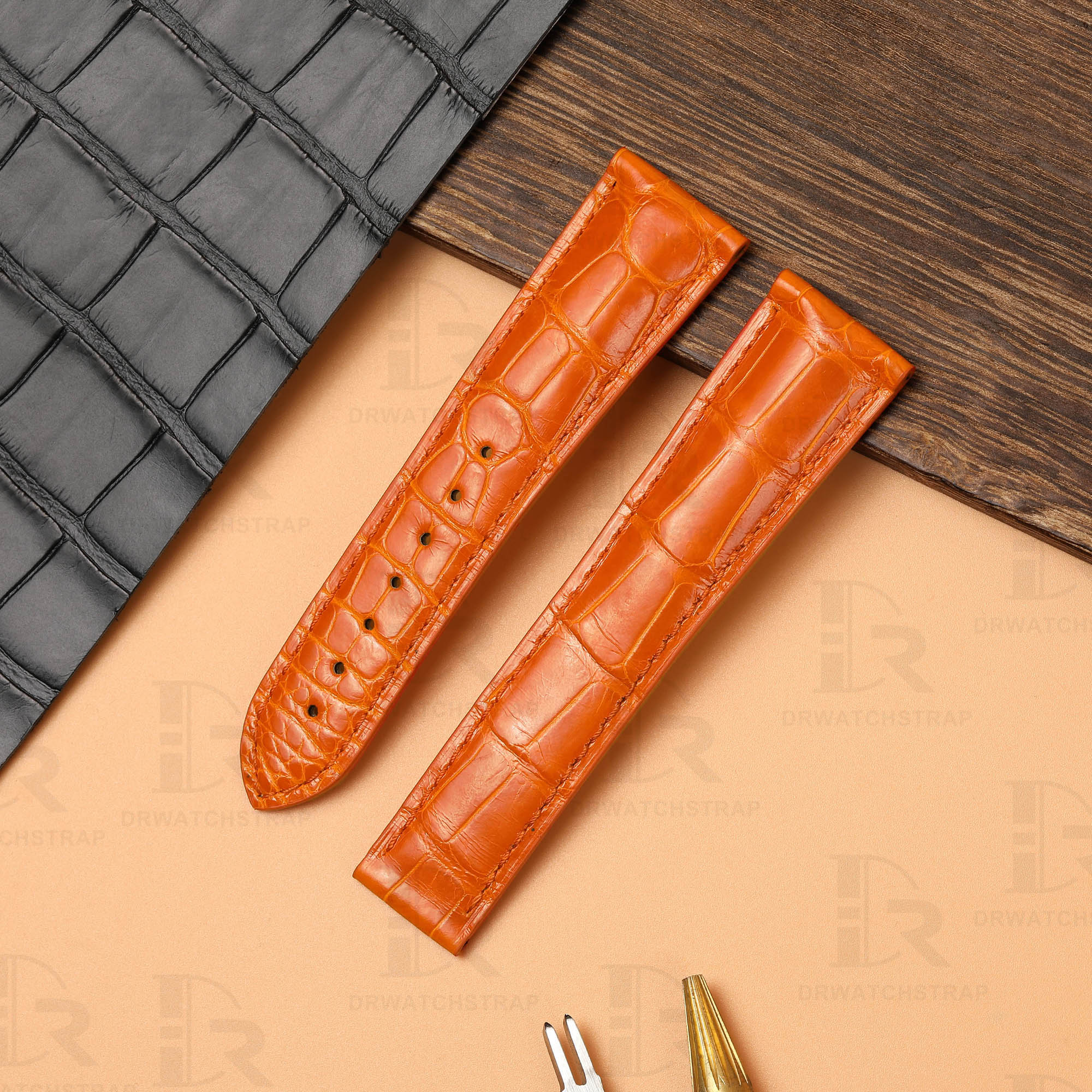 Genuine orange alligator leather watch strap