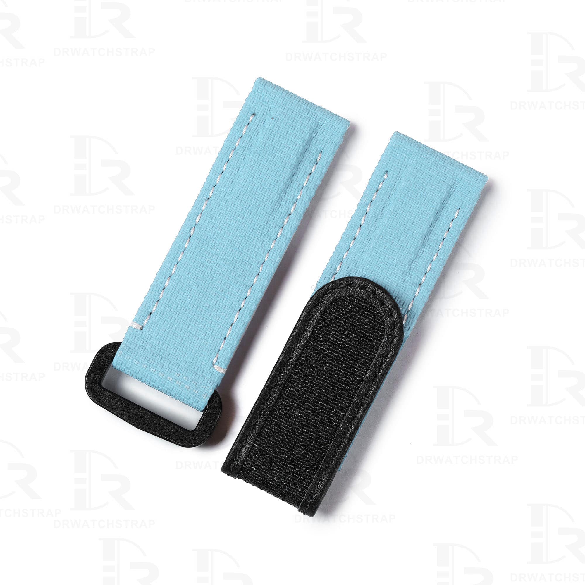 Custom best quality canvas light blue replacement velcro rubber band bracelets and watch straps online for Rolex, Blancpain, Omega, and any other man or women watches with flat ends watch bands at a low price