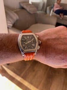 Cartier Roadster on wrist with custom brown alligator leather watch strap