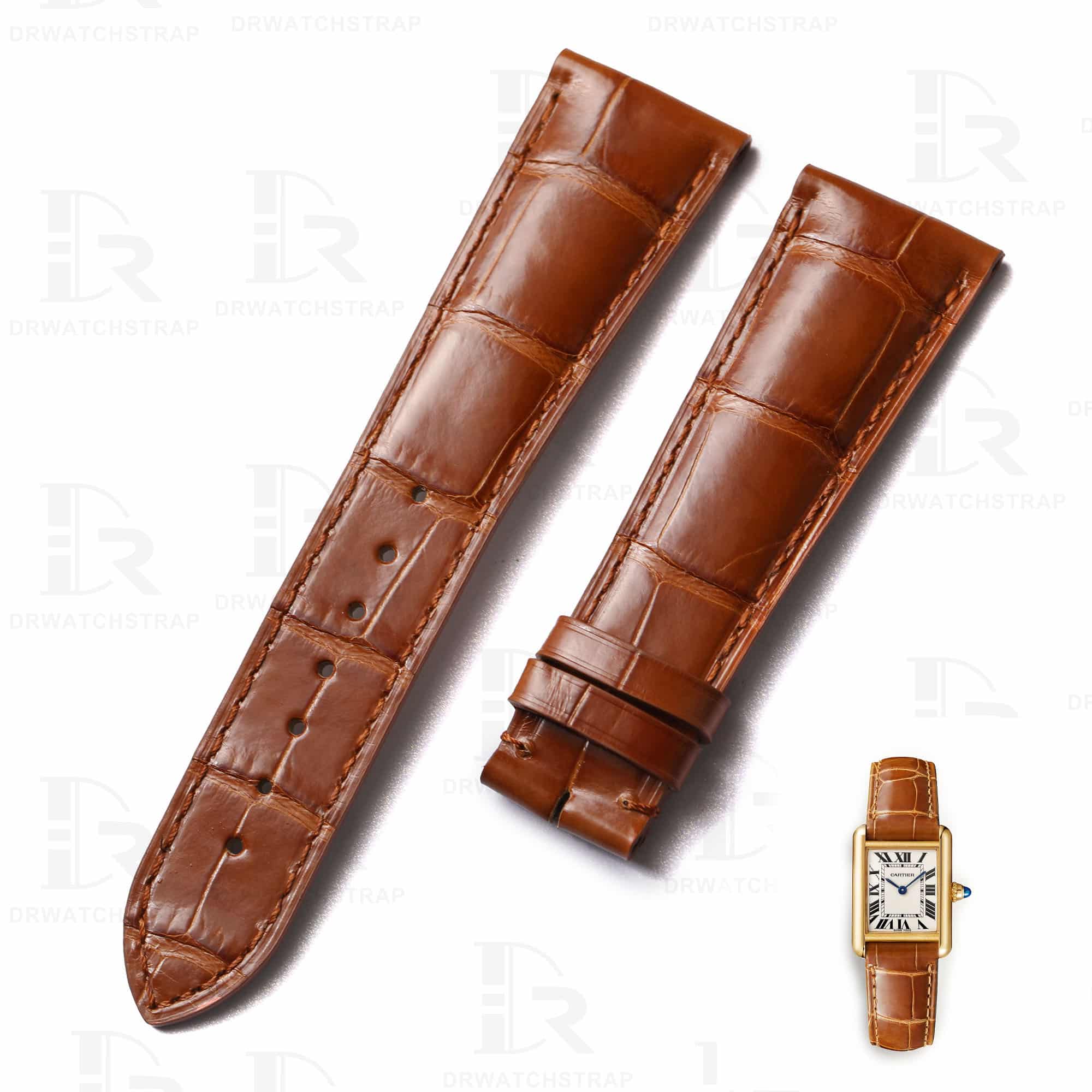 Premium best quality American Alligator OEM custom brown 23mm Cartier tank leather straps & watch bands for Cartier Tank & Ronde SOLO watches online from DR Watchstrap - Shop the genuine crocodile handmade leather watch strap and watch band online at a low price