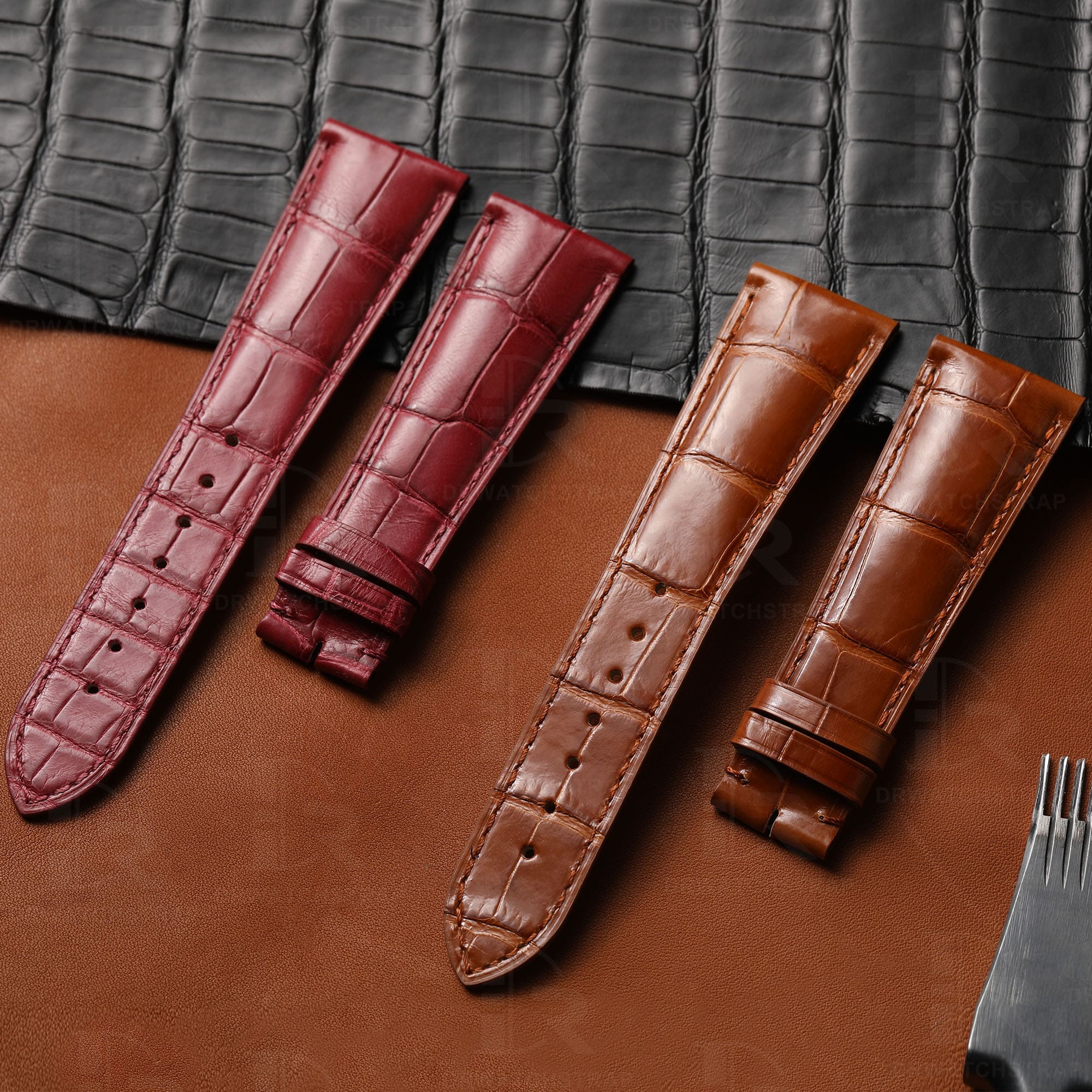 Premium best quality American Alligator OEM custom Rose red Brown 23mm Cartier tank leather straps & watch bands for Cartier Tank & Ronde SOLO watches online from DR Watchstrap - Shop the genuine crocodile handmade leather watch strap and watch band online at a low price