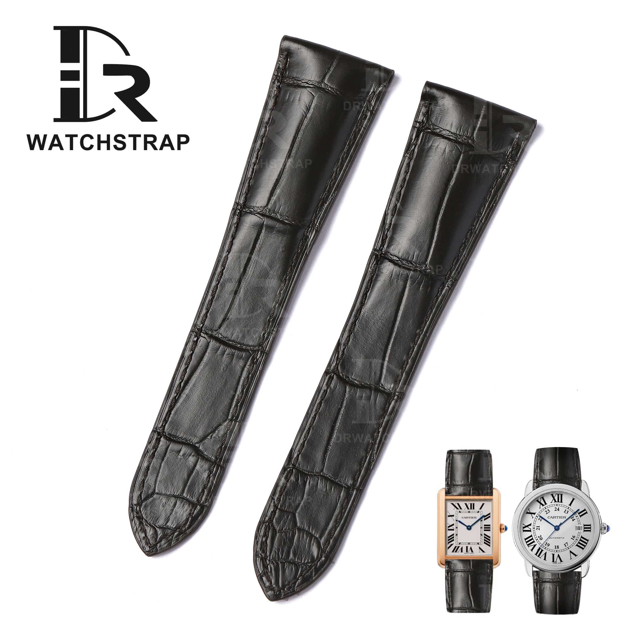 Genuine best quality custom aftermarket handmade Black Alligator Square scale leather straps and watch bands replacement for Cartier American tank, France tank, Must, Ronde, Cle de, and more models from DR watchstrap - Shop the premium Crocodile leather Cartier strap and watchband at a discount price