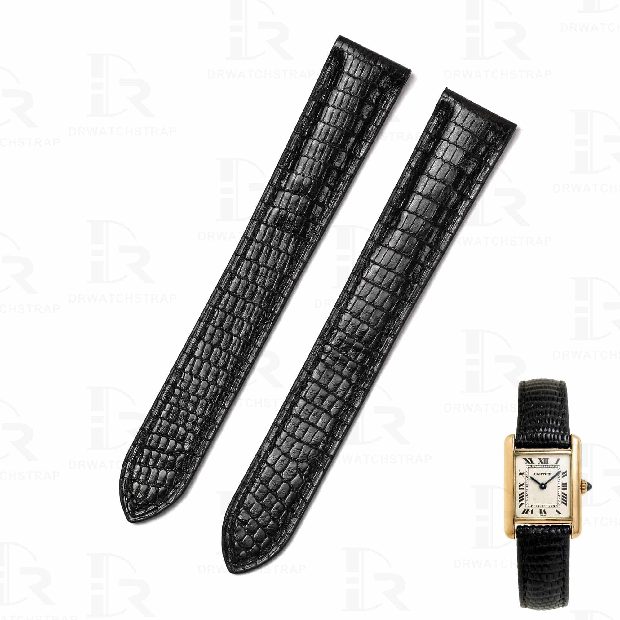 High-end quality Black lizard leather watchband for Cartier Tank