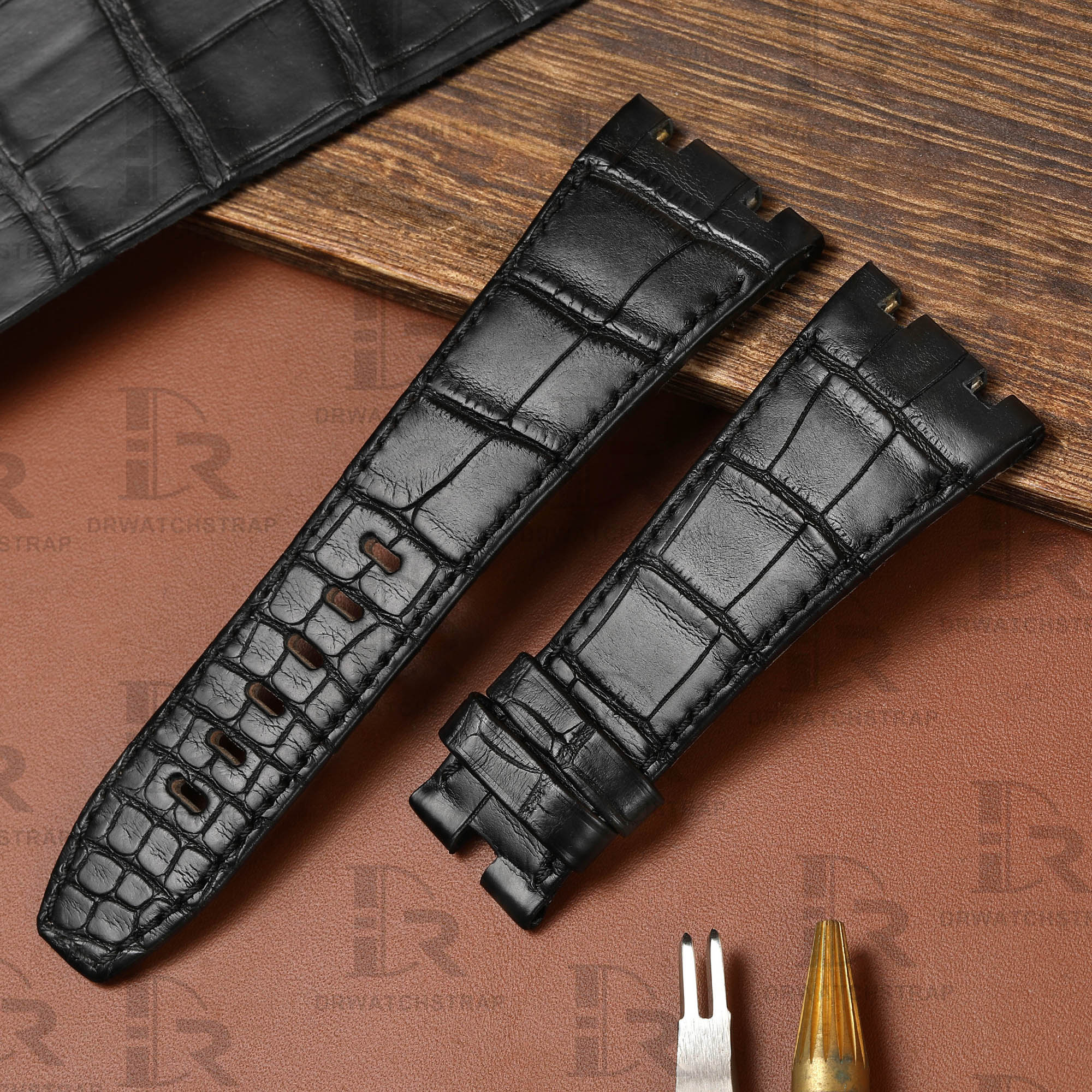 Buy custom Audemars Piguet GMT Perpetual Calendar Black leather watchband 23mm 26mm 28mm 30mm handmade for sale