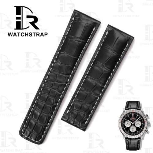 Custom alligator Black leather watch strap 20mm 22mm for Breitling Navitimer watch bands (1)