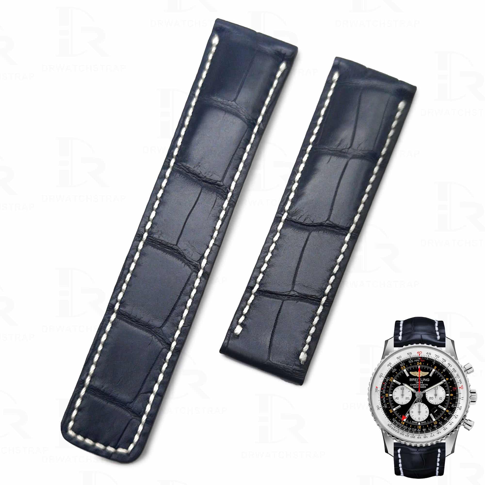 Genuine alligator blue leather watch strap replacement for Breitling Navitimer