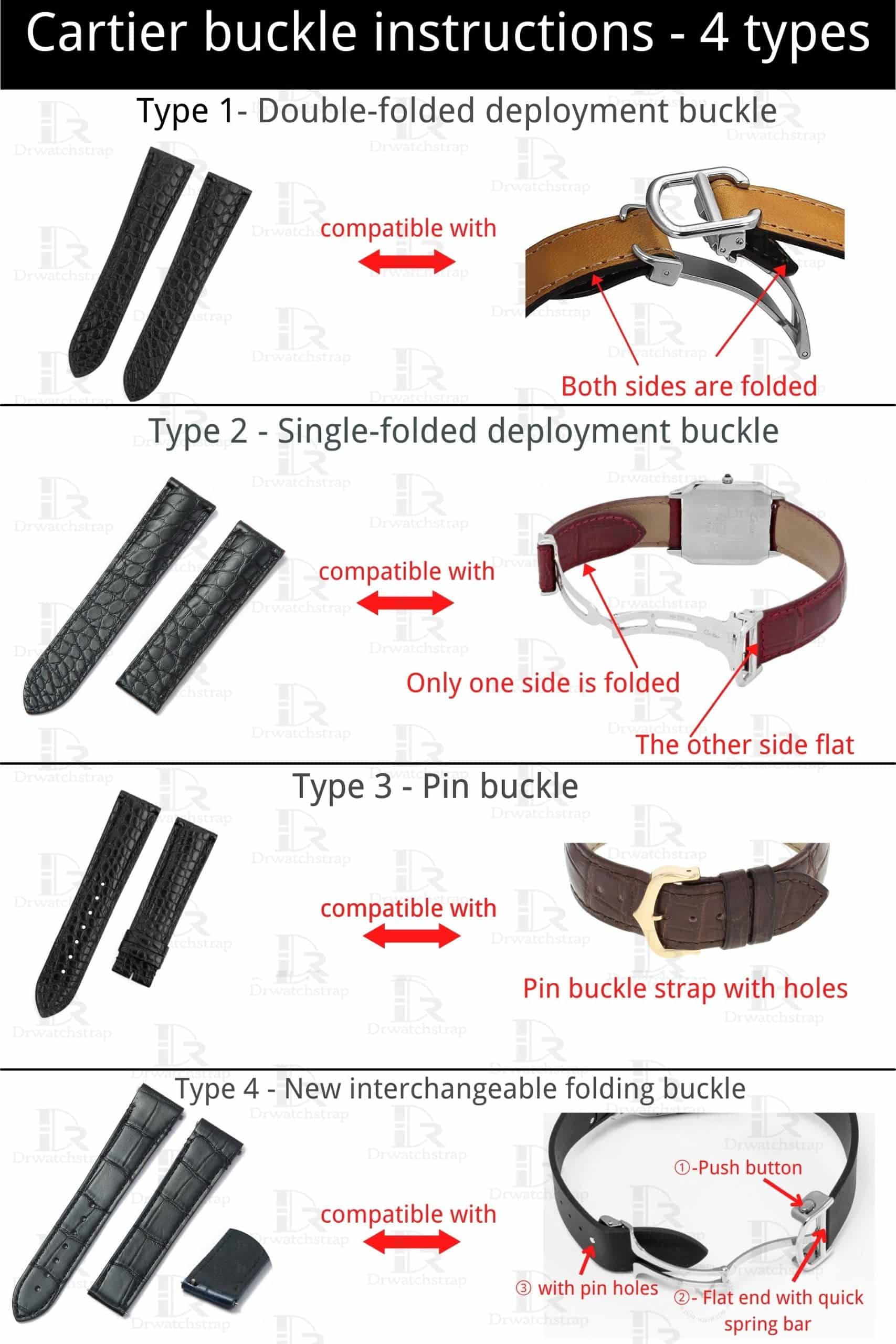 Cartier Watch strap buckle instruction 4 types ( Pin buckle, double folded deployment, single folded deployment, interchangeable buckle)