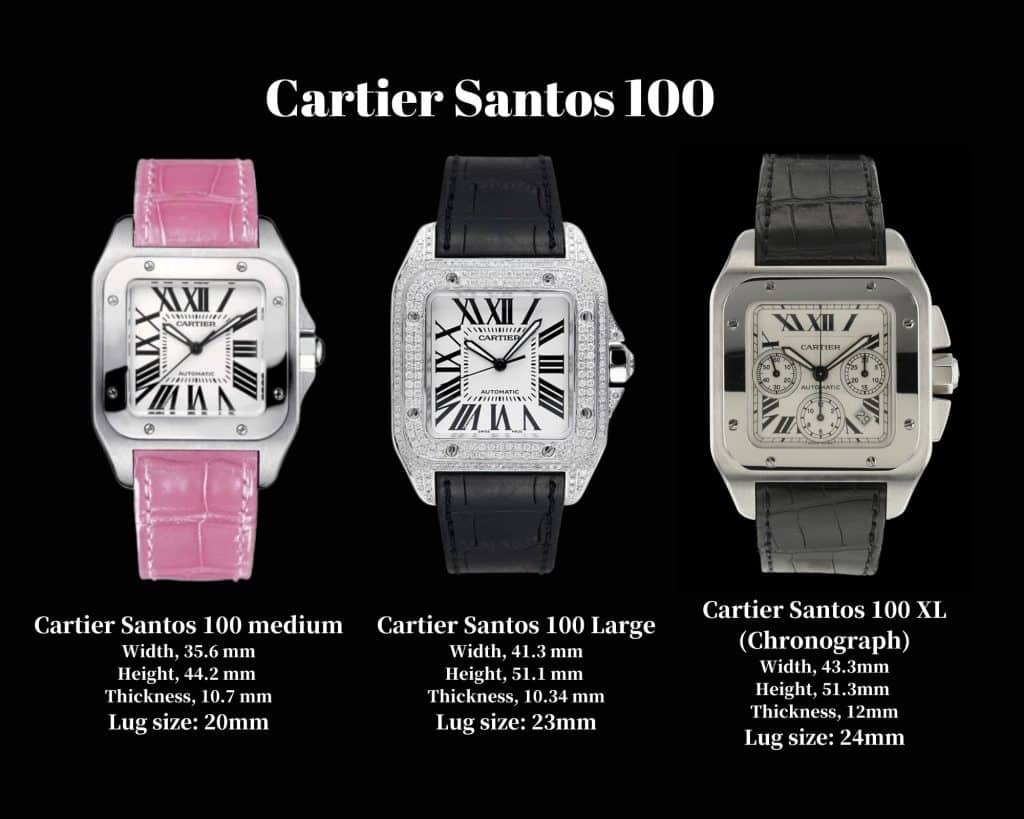 Cartier Santos 100 size guide 100th anniversary watch small medium large XL chronograph 