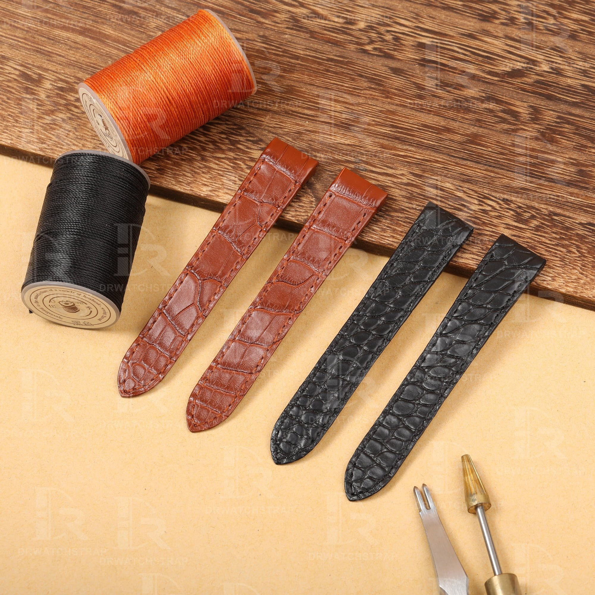 Buy Custom cartier santos de cartier galbée Black leather watchband Handmade for straps (1)