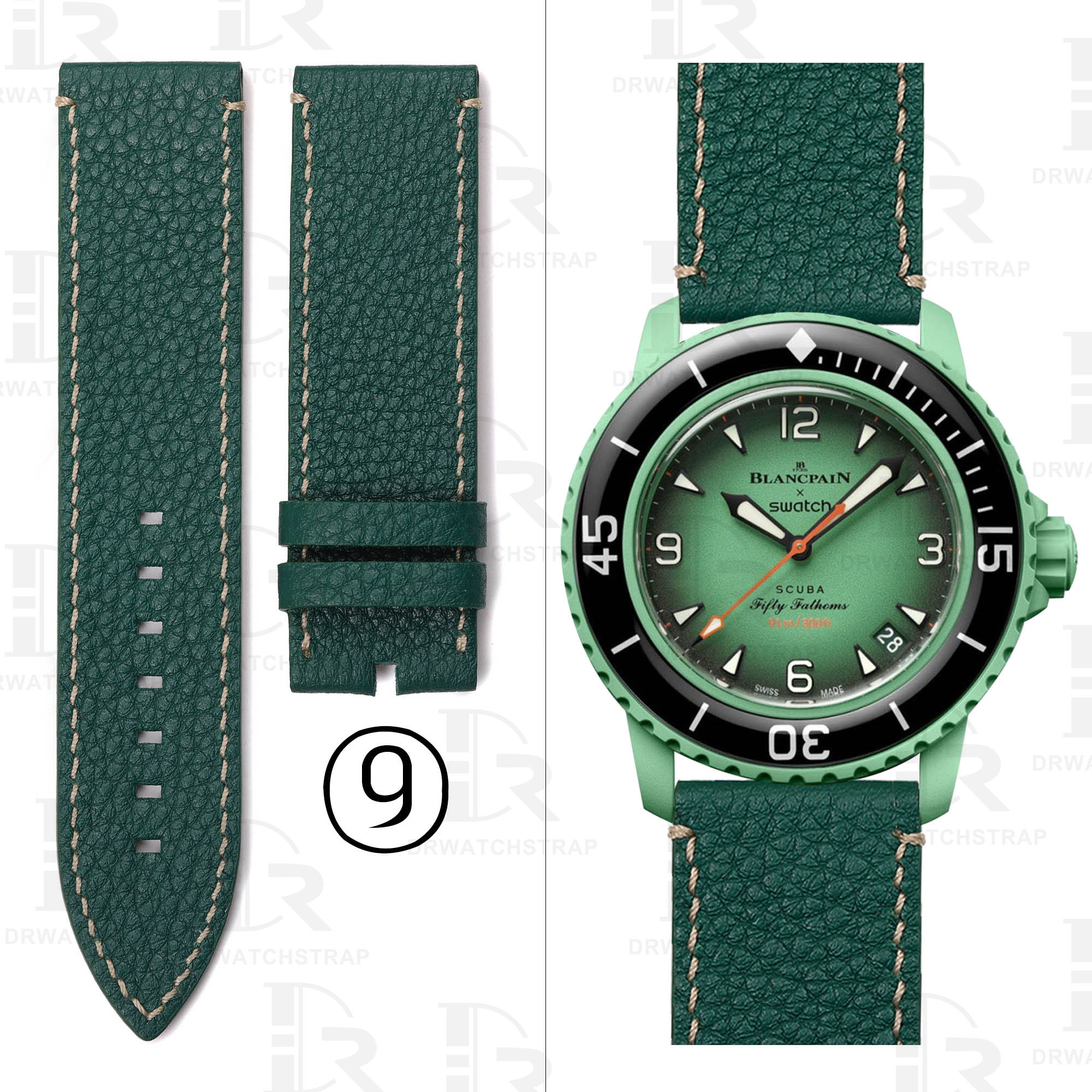 Buy Custom Blancpain x Swatch leather strap 22mm Green Calfskin leather watch straps (2)