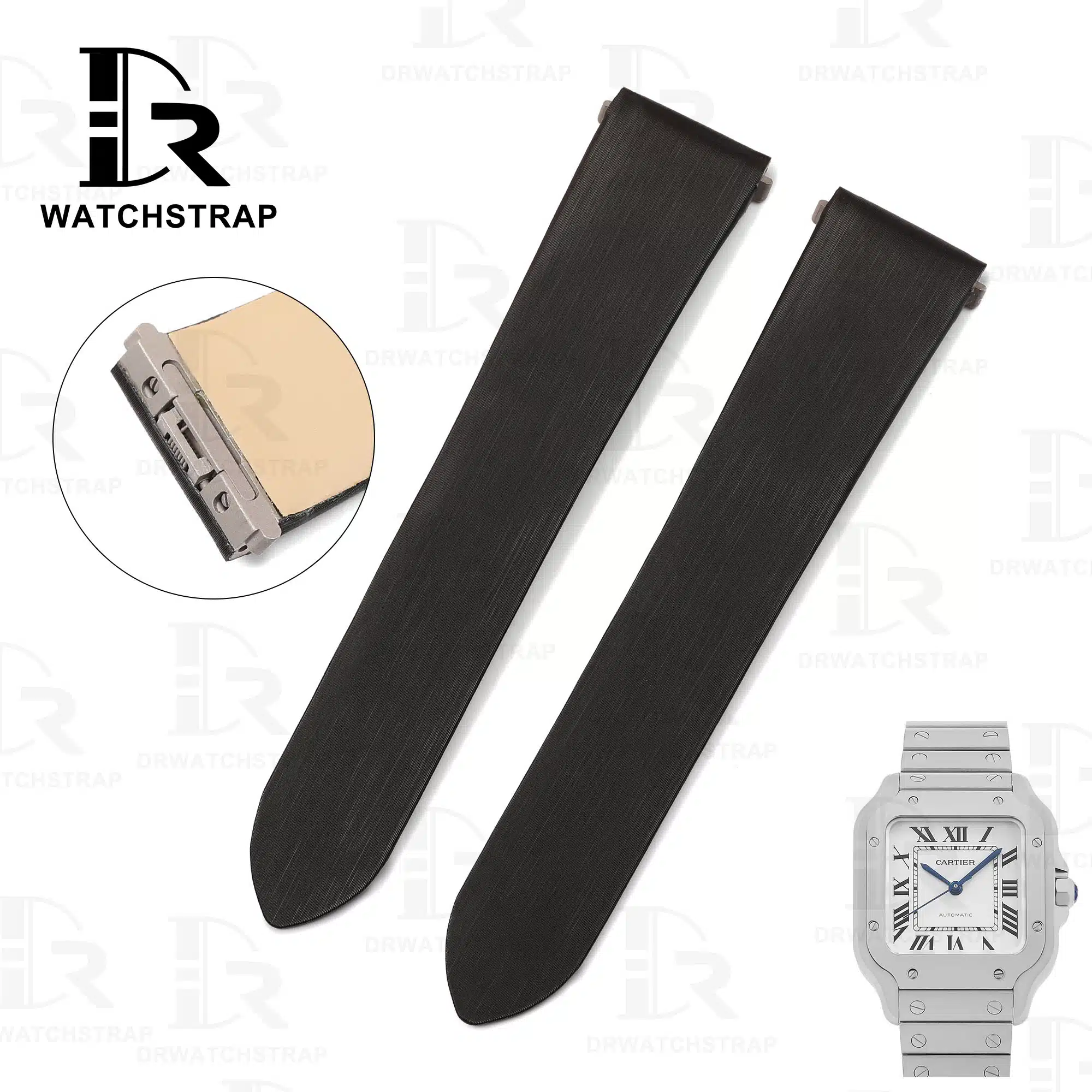 Buy Custom Cartier Santos quickswitch Black Satin silk leather strap 19mm 21mm Handmade for watch band (1)