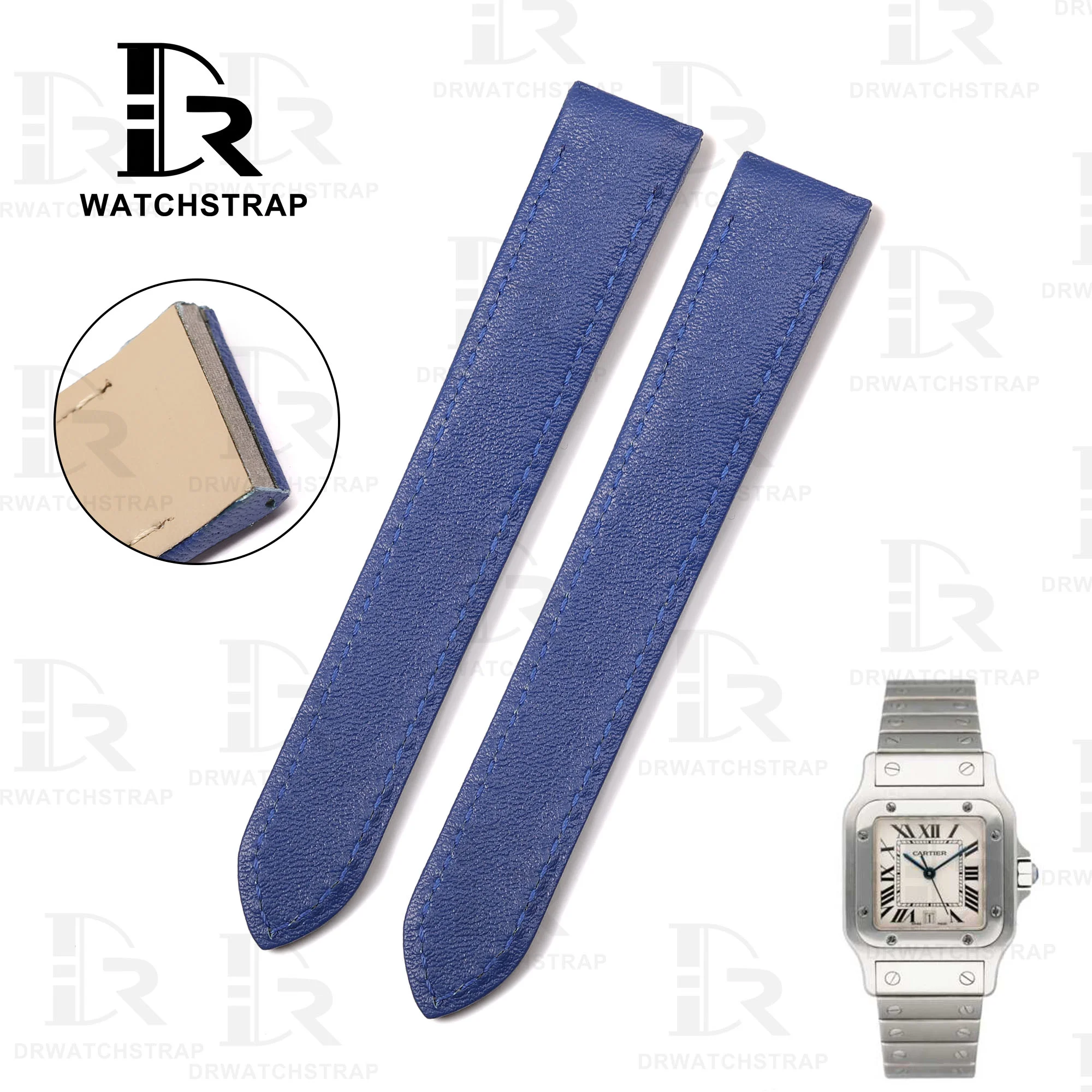 Buy Custom Cartier Santos Galbée leather straps Blue Calfskin watch band 14mm 16mm 18mm 19mm (1)