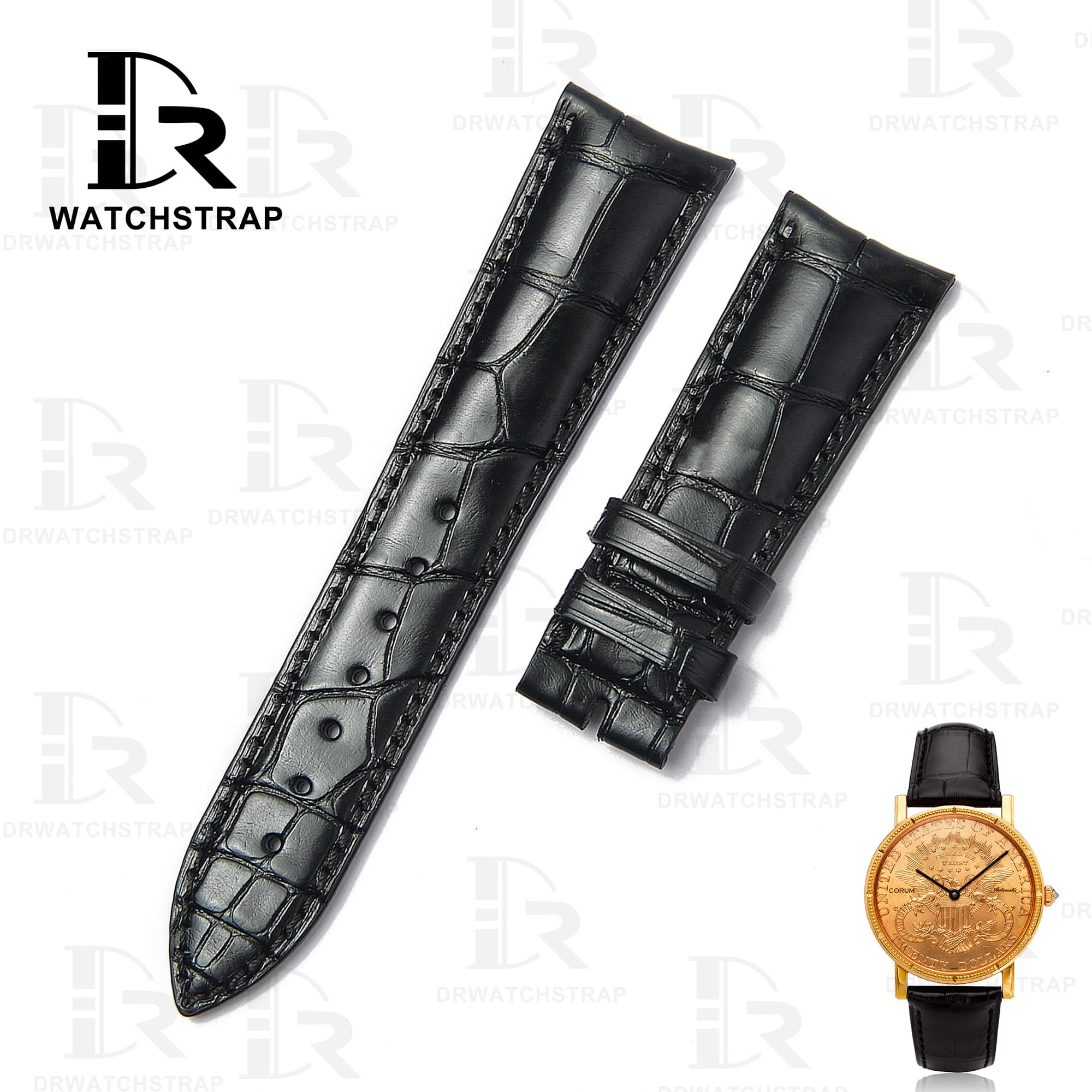 Buy Custom Corum twenty dollar gold coin watch strap 20mm Black Alligator leather watch band (1)
