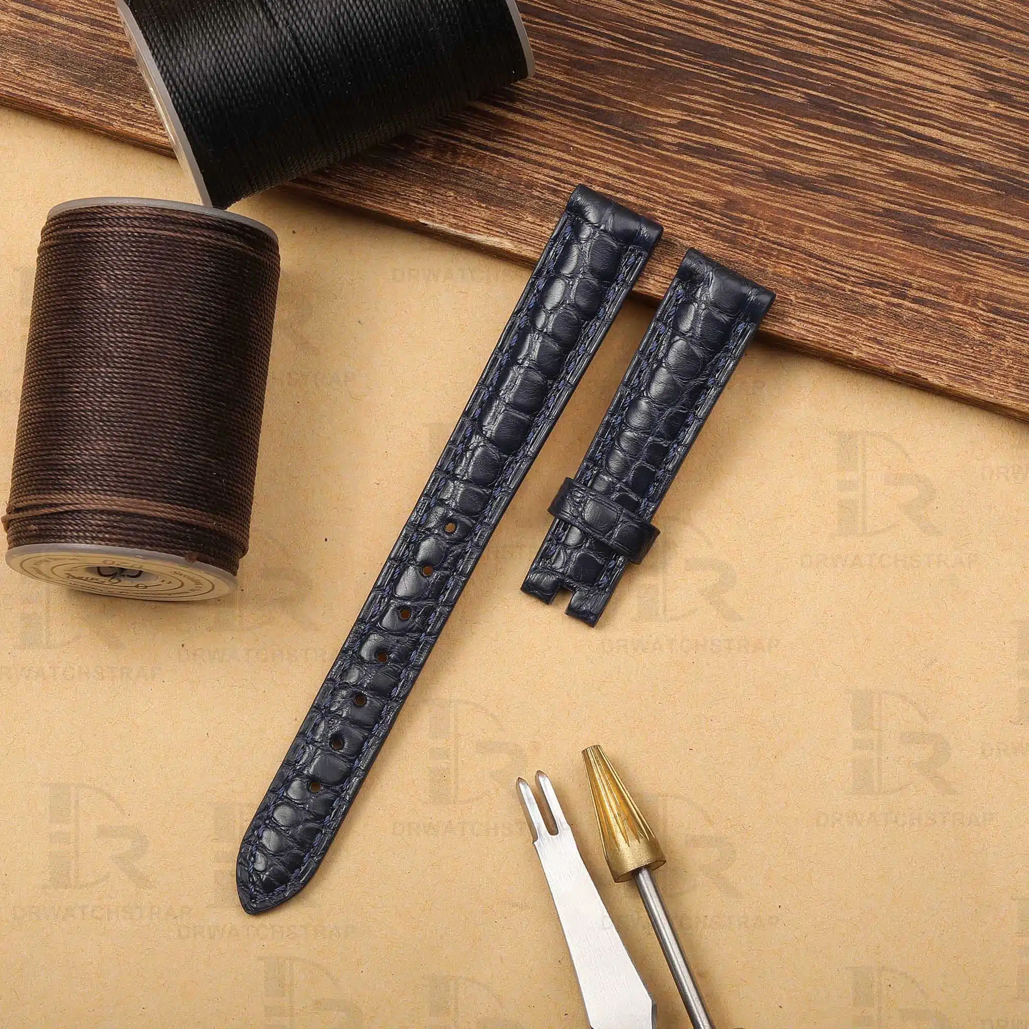 Buy Custom alligator round scale Dark Blue leather Rolex cellini vintage straps 14mm replacement watch band