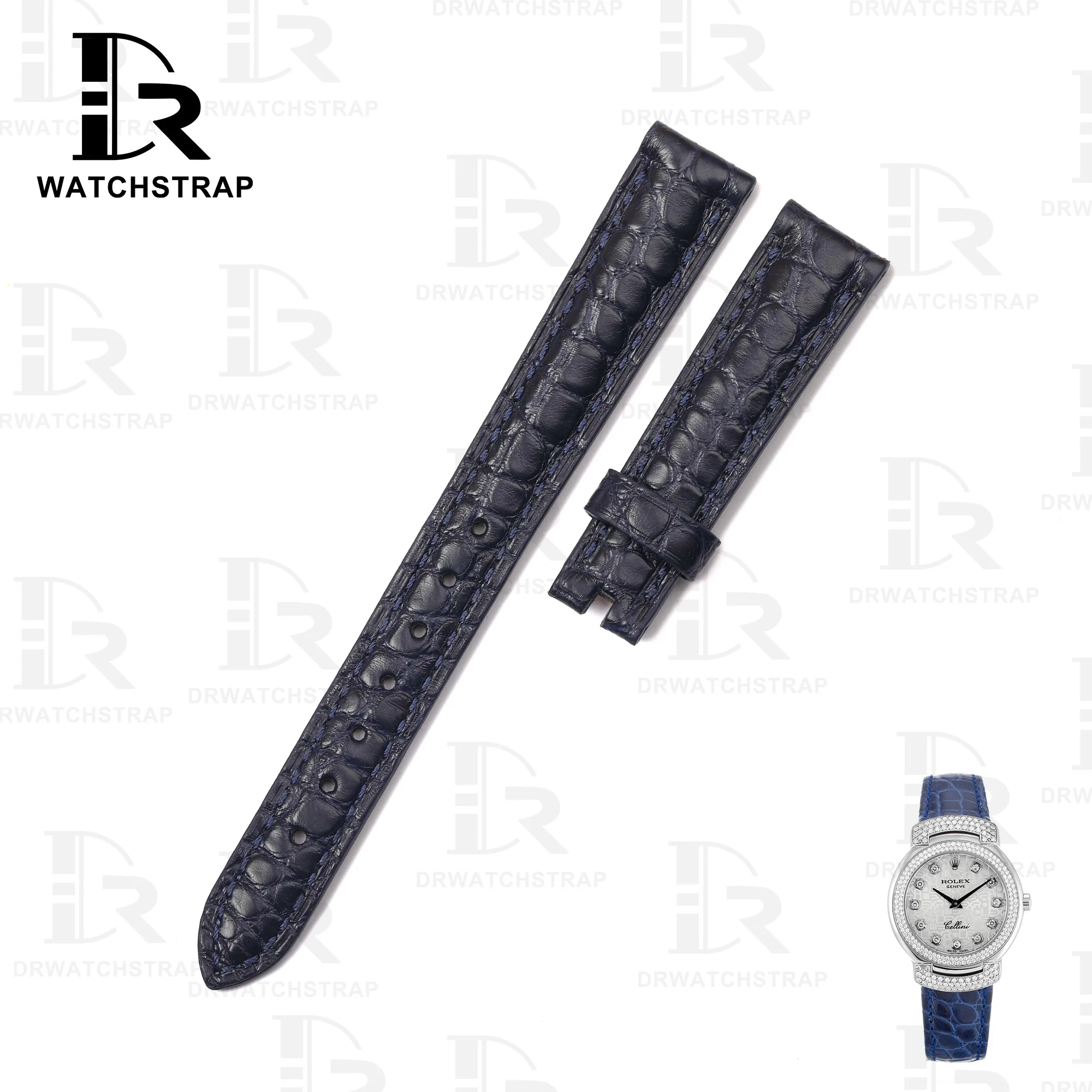 Buy Custom alligator round scale Dark Blue leather Rolex cellini vintage straps 14mm replacement watchband (1)