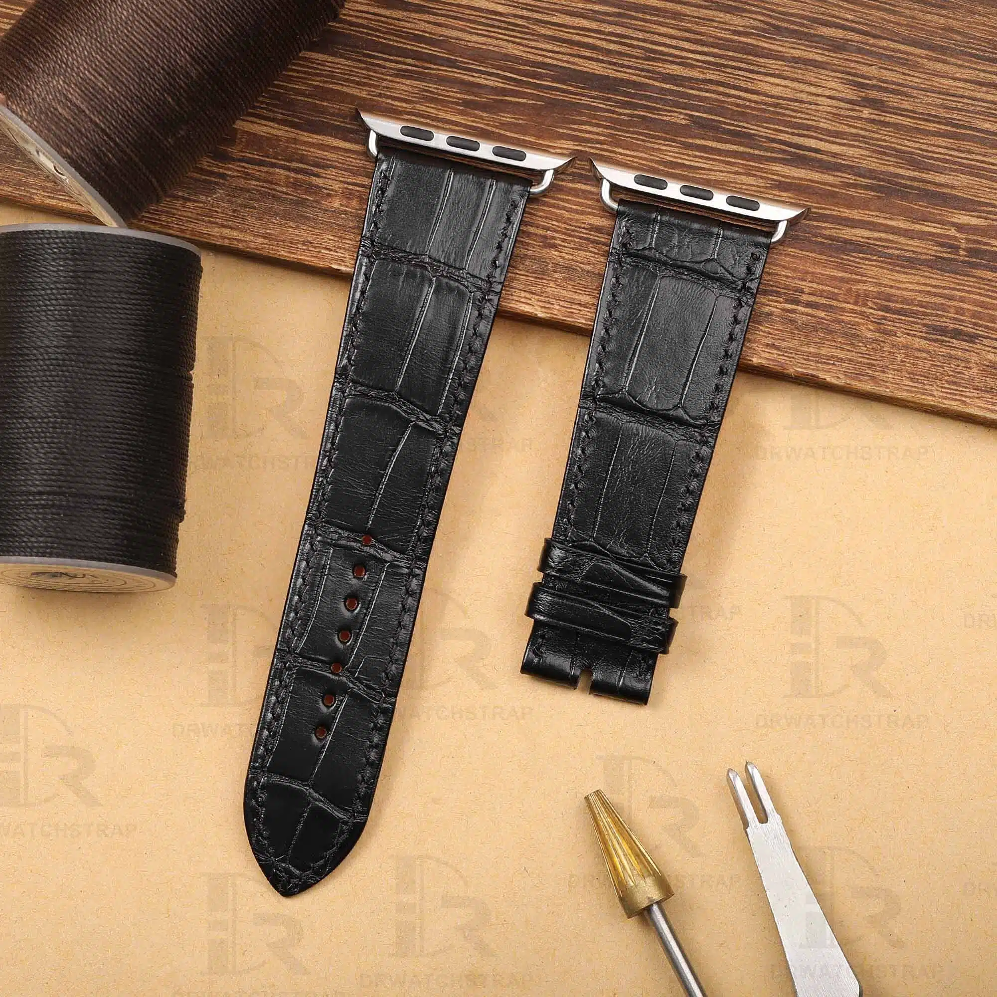 Buy Custom Apple watch strap Black Belly Scale American Alligator 38mm 40mm 42mm 44mm Handmade watch straps (3)