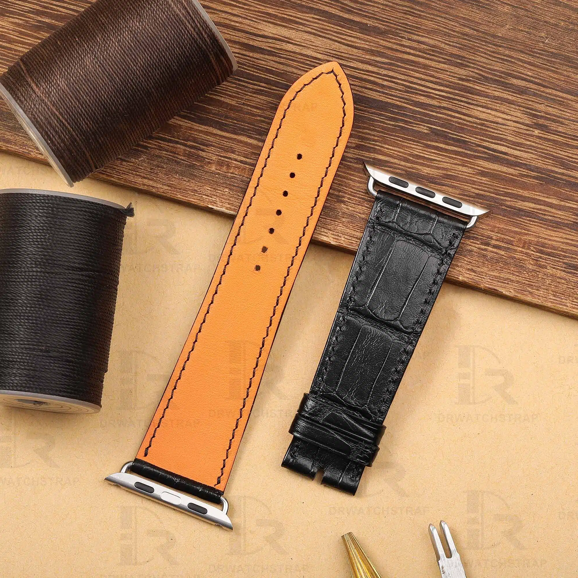 Buy Custom Apple watch strap Black Belly Scale American Alligator 38mm 40mm 42mm 44mm Handmade watchband (1)