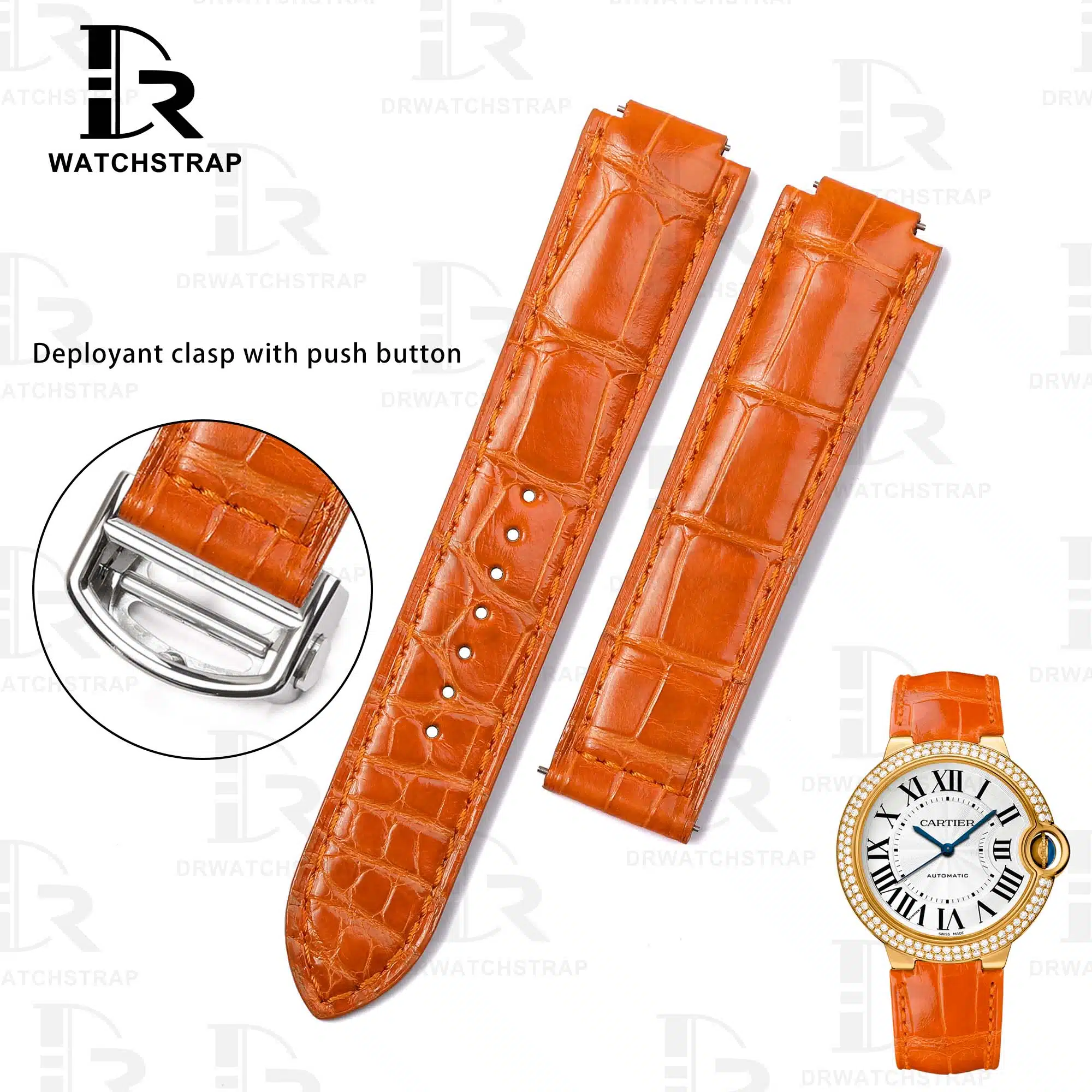 Buy Custom Cartier Ballon Bleu watch leather strap Orange Belly Scale American Alligator Deployant clasp with push button buckle watch band (1)