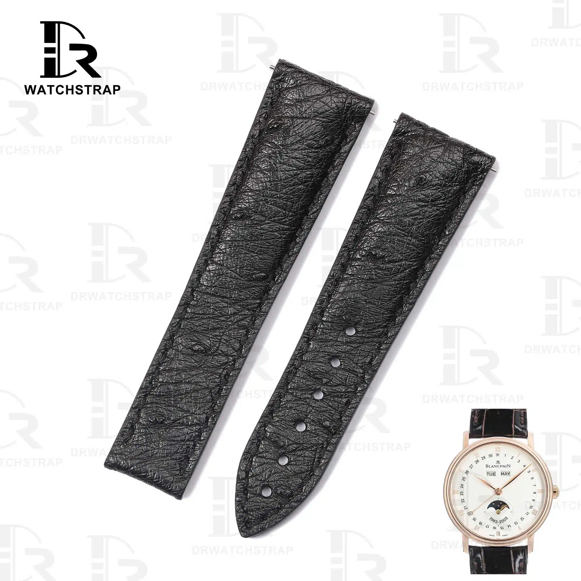 Custom Ostrich leather watch band black strap for Blancpain Villeret Complete Calendar 6263A-3642 handmade 20mm strap (1)