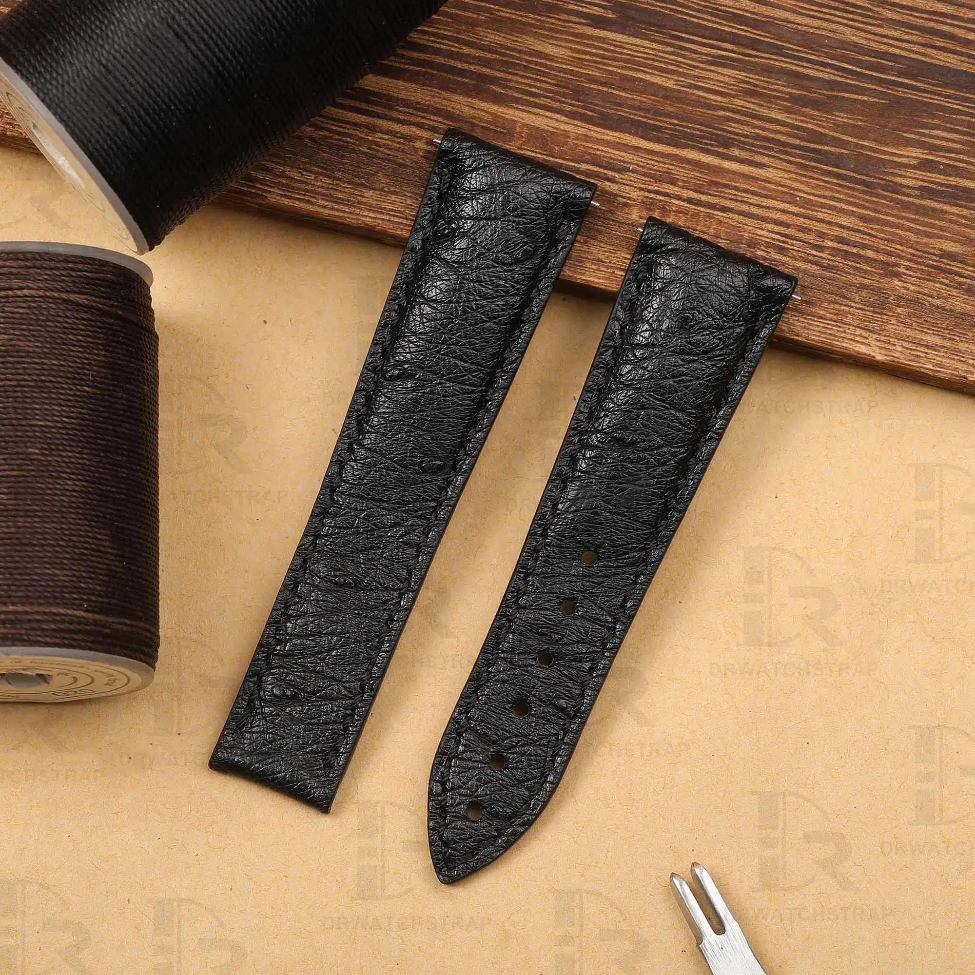 Custom Ostrich leather watchband black strap for Blancpain Villeret Complete Calendar 6263A-3642 handmade 20mm straps (2)