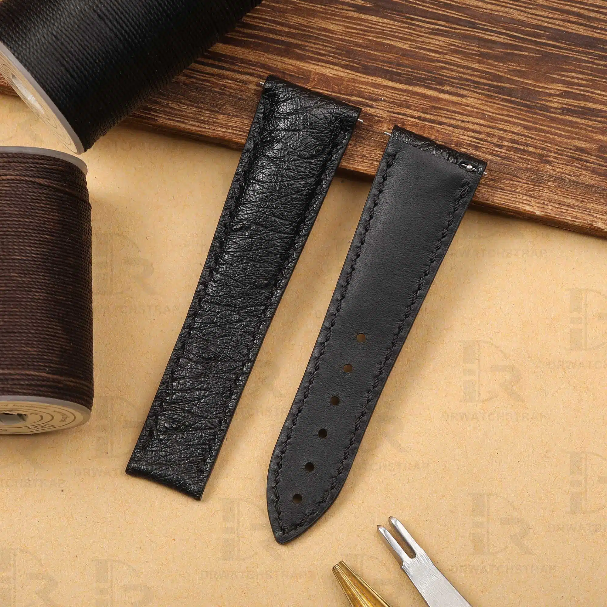 Custom Ostrich leather watchbands black strap for Blancpain Villeret Complete Calendar 6263A-3642 handmade 20mm straps (1)