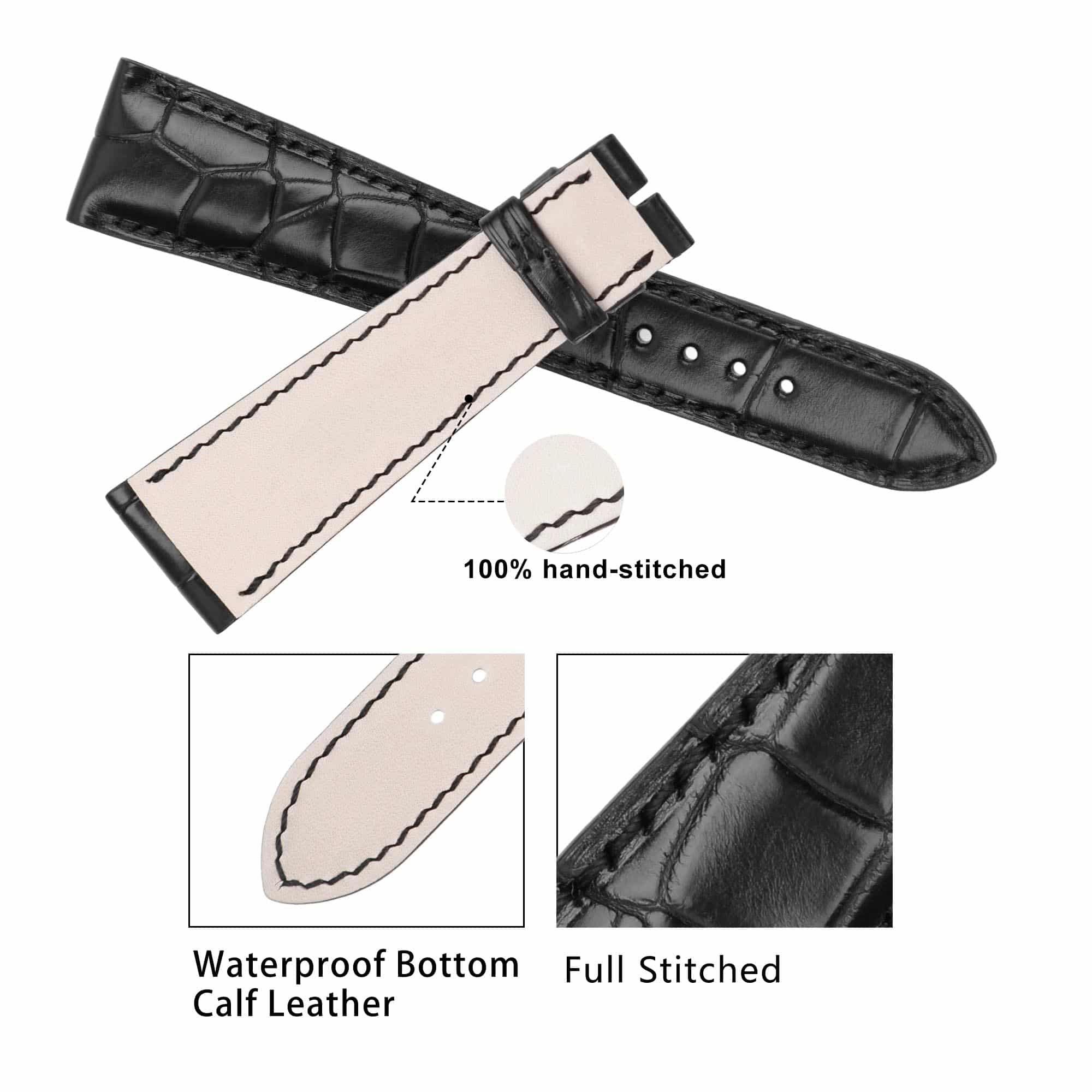 Custom black alligator leather watch band for VACHERON CONSTANTIN Malte strap