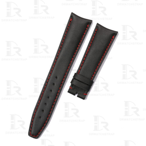 Custom curved leather watch strap 20mm black calfskin red stitching (1)