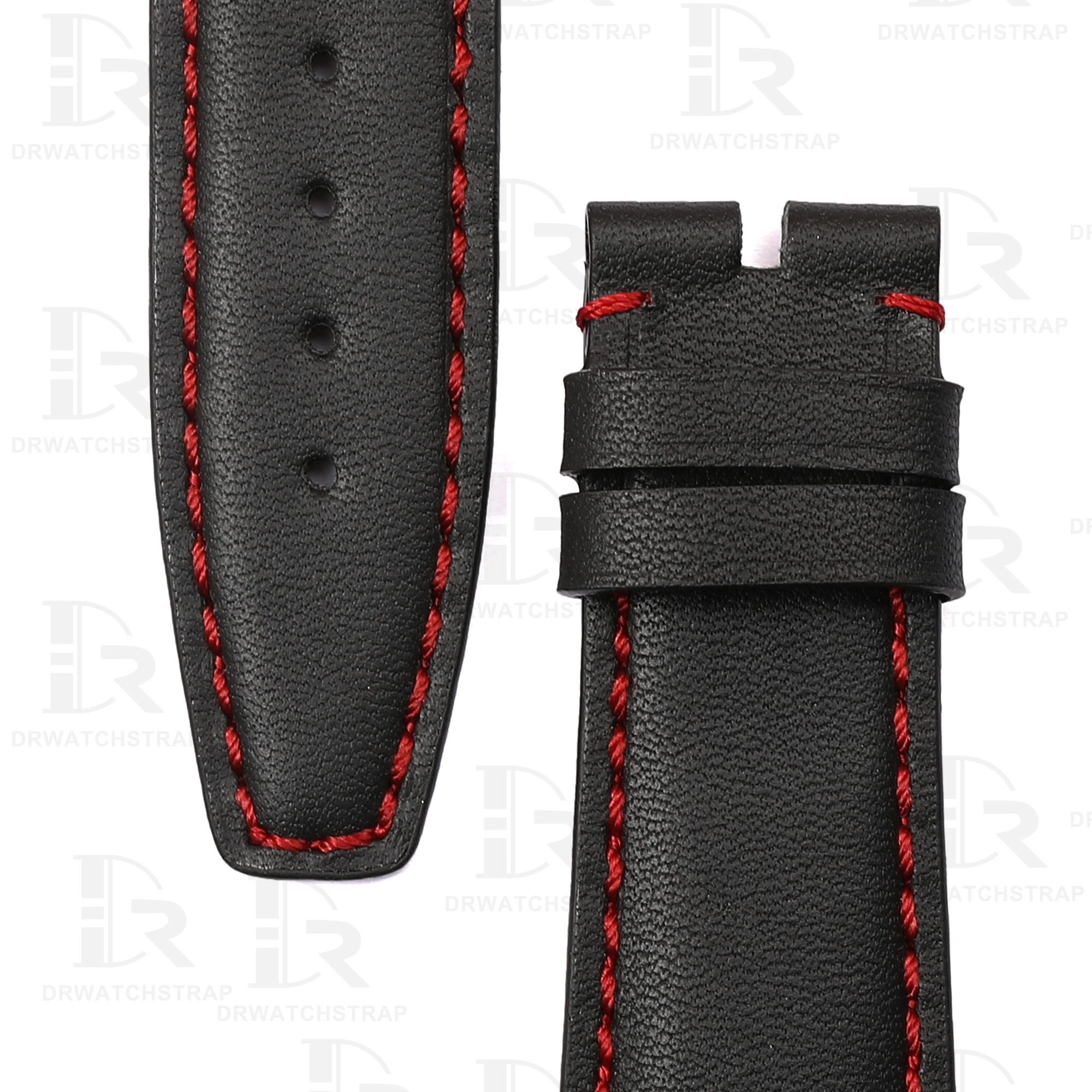 Custom curved leather watch strap 20mm black calfskin red stitching (3)