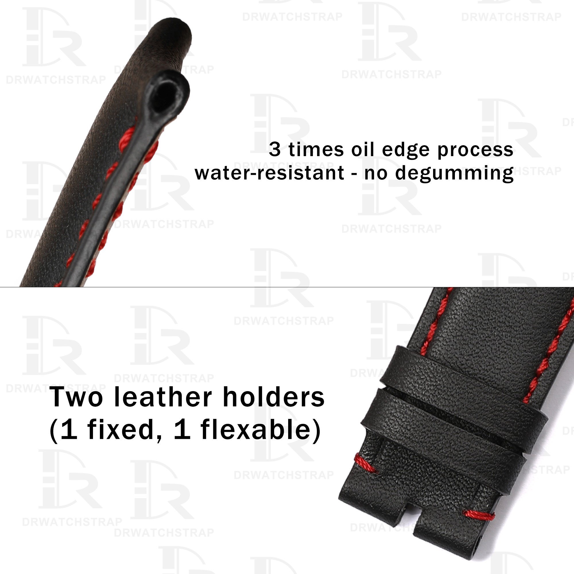 Custom curved leather watch strap 20mm black calfskin red stitching (5)