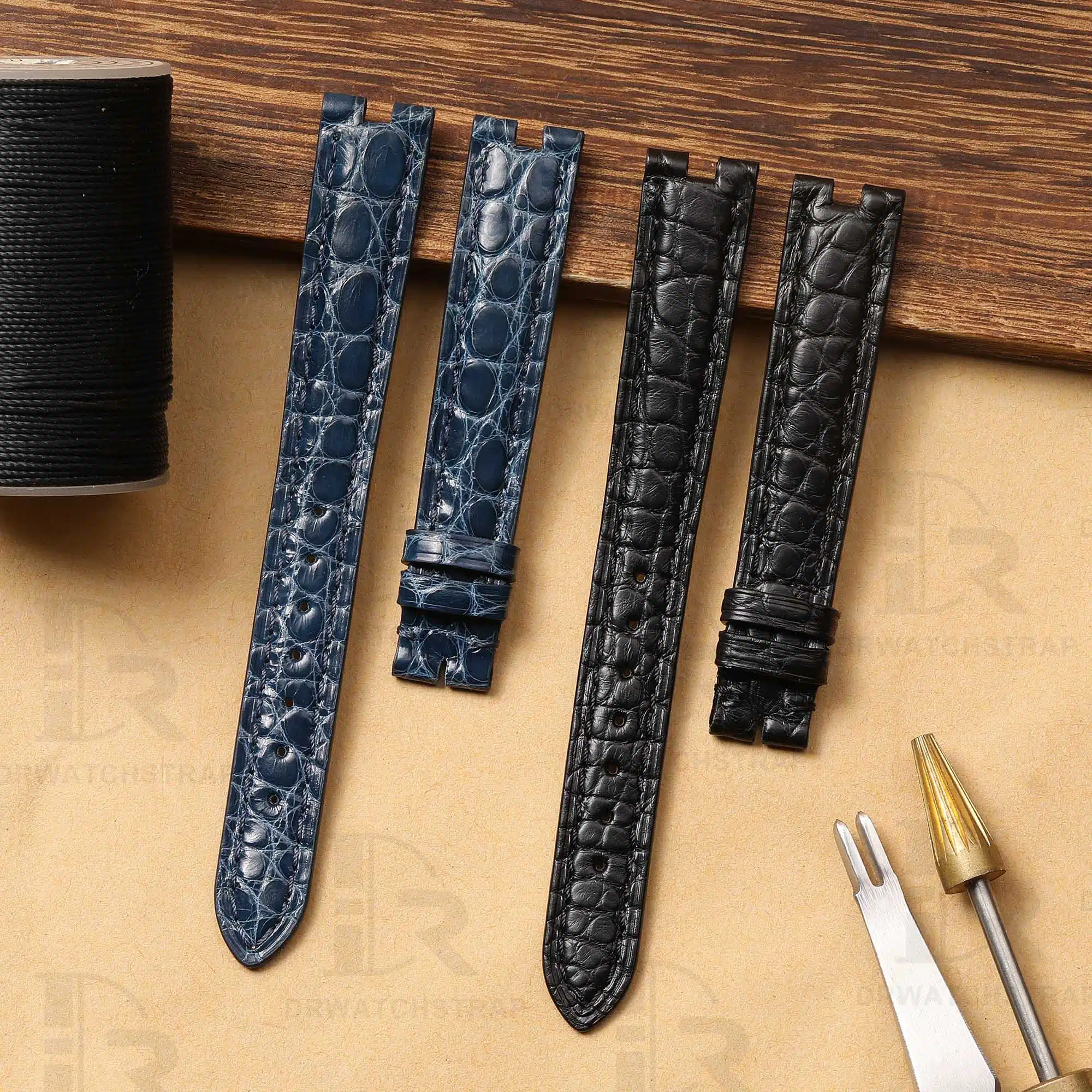 Handmade Custom Vintage Cartier Vendome straps Dark Brown Blue Round scale American Alligator watch strap