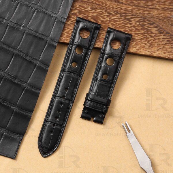 Buy Custom Black American Alligator Leather watch strap for Chopard Mille Miglia with 3 holes 19mm 20mm 23mm Handmade watch band for sale (1)