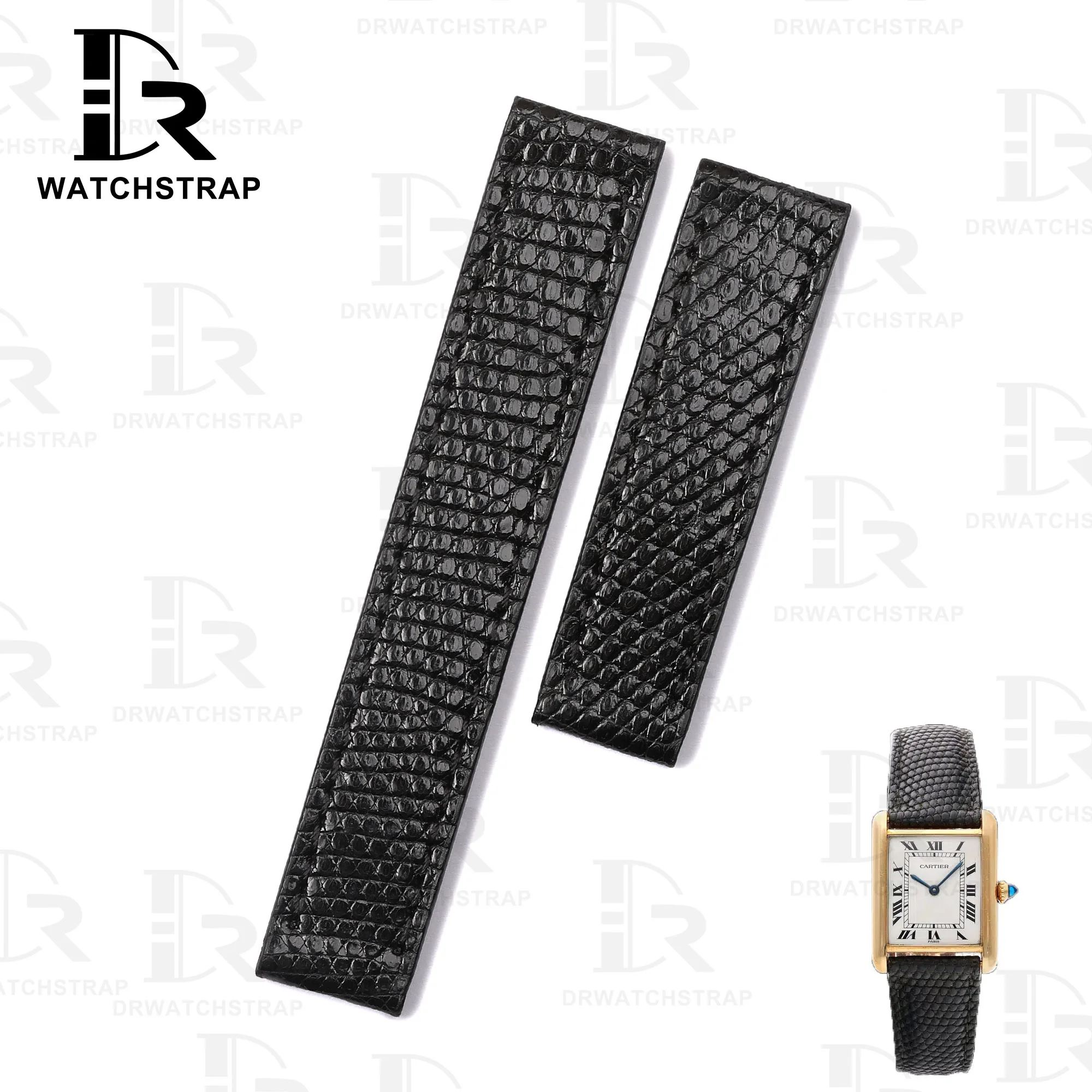 Custom Lizard leather vintage cartier watch leather strap handcrafted Black watchbands for sale (1)