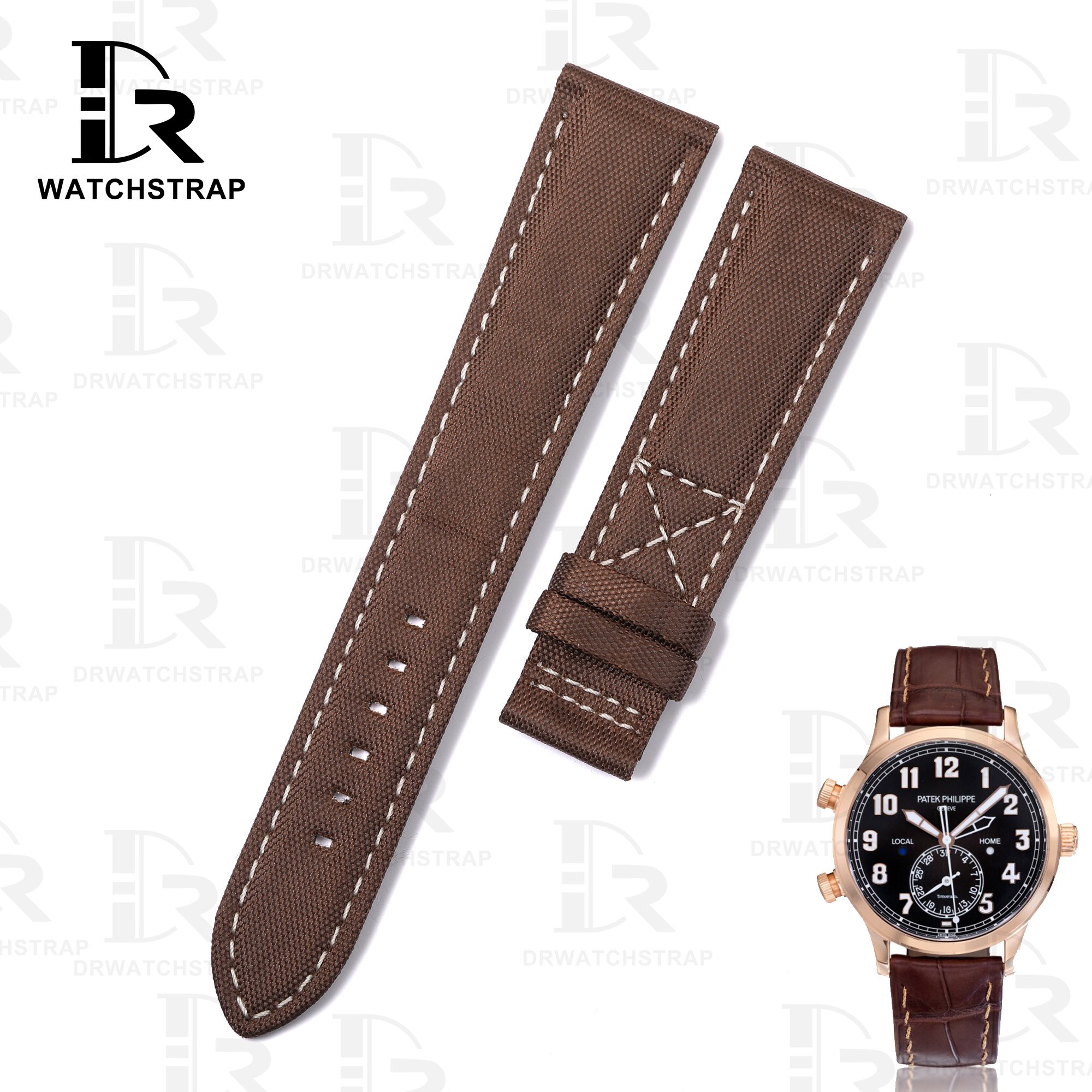 Custom high-density Patek Philippe Calatrava Pilot Travel Time 5524r 001 Brown Canvas watch straps replacement handcrafted nylon watchband for sale (1)