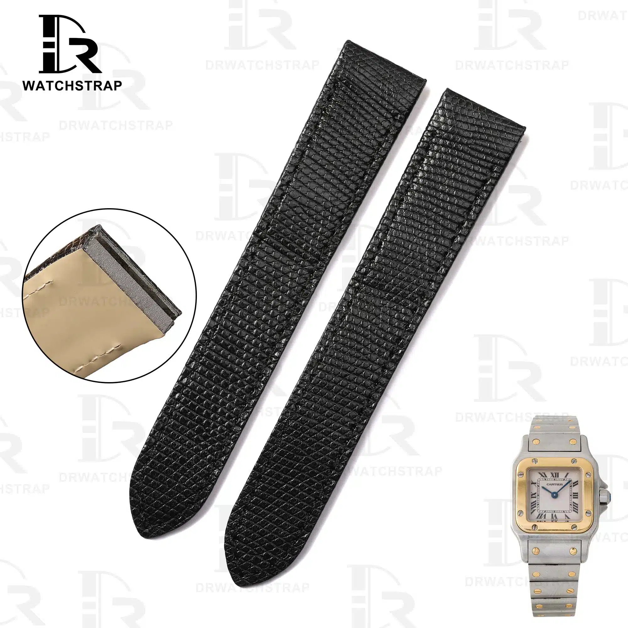 Buy Custom Cartier Santos Galbee Black Lizard leather strap 14mm 16mm 18mm 19mm handmade watch band for sale (1)