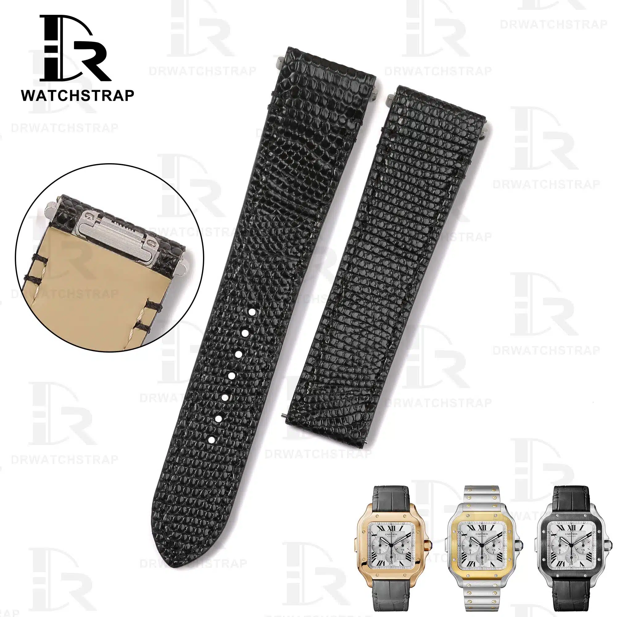 Custom Black Lizard leather watch band Cartier Santos leather strap 19mm 21mm Handmade straps for sale (1)